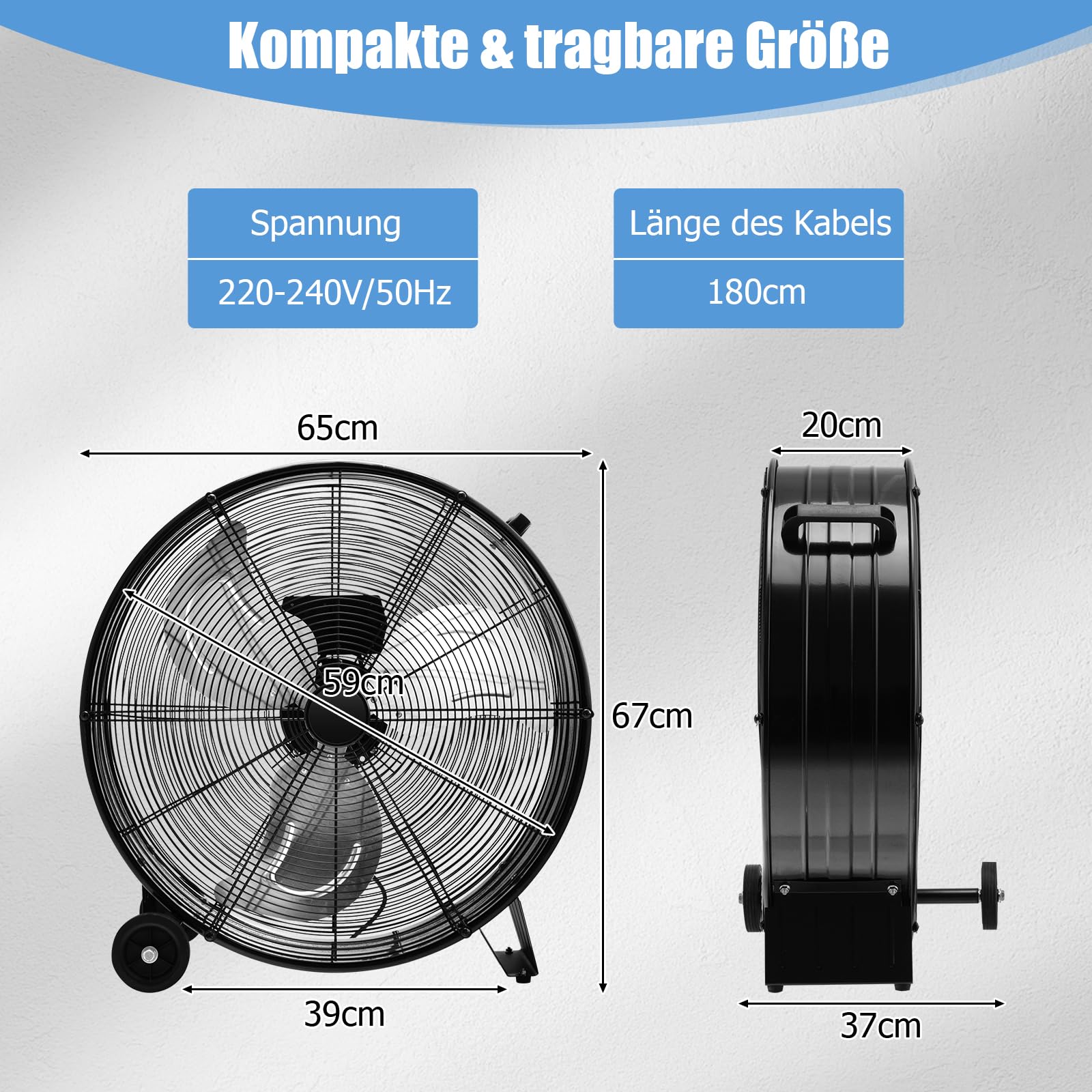 GOPLUS Trommelventilator, diameter 65 cm, staande ventilator met 3 windsnelheden, 1100/1200/1300 CFM, vloerventilator met handvat en 2 rubberen wielen voor eenvoudige beweging, voor garage en werkplaats, 350 W