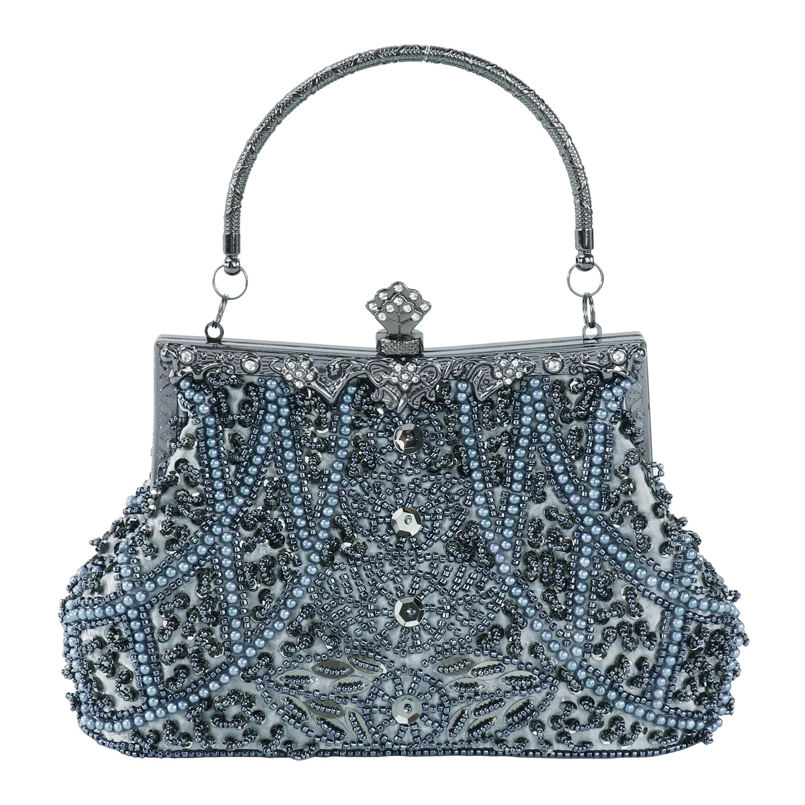 DA BODAN Women's Evening Bag Vintage Beaded Sequin Pearl Clutch Handbag Shoulder Bag Purses for Wedding Bridal Prom Party (Gray)