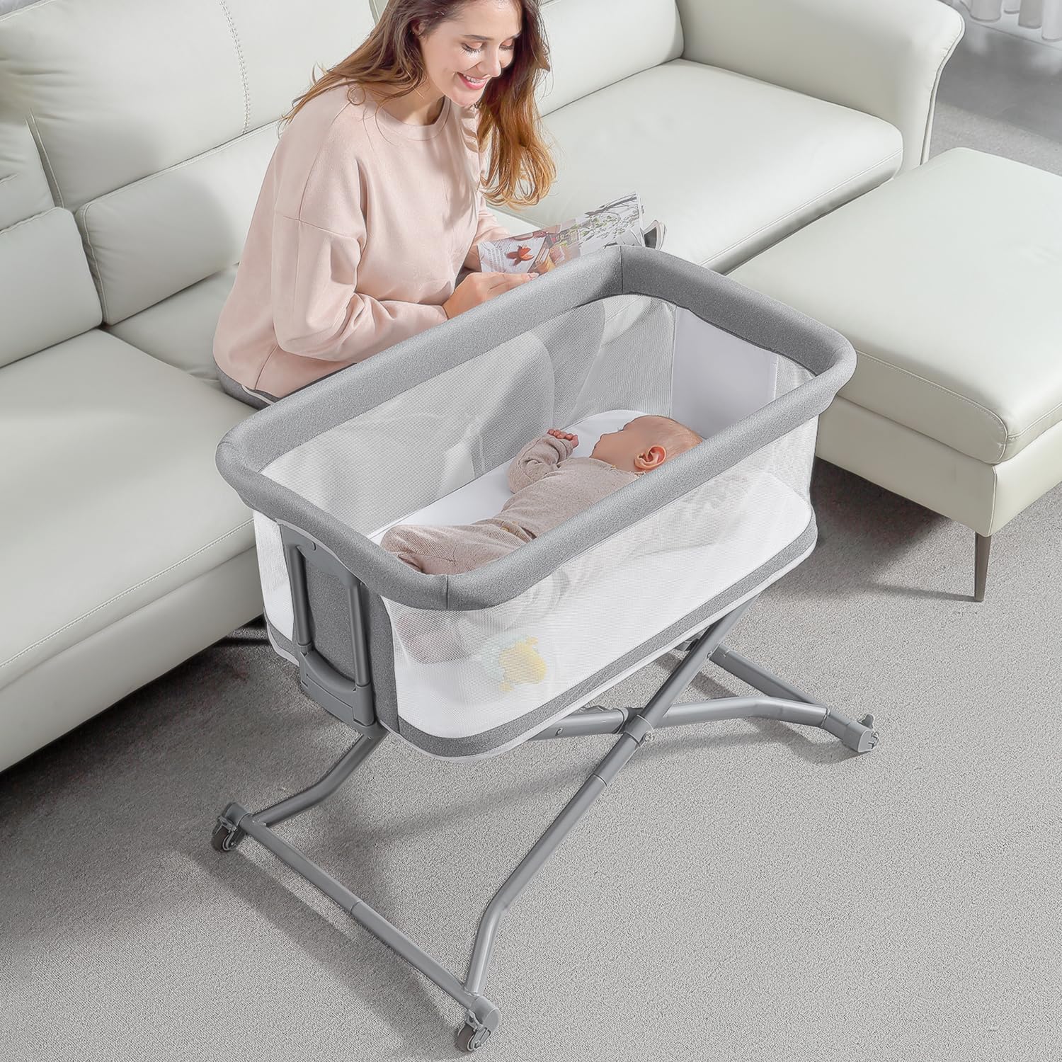 SYCYH Baby Bassinet for Baby, Baby Bassinet Bedside Crib with All Mesh and Soft Mattress for Newborn, Baby Beside Bassinet with Wheels for Infant