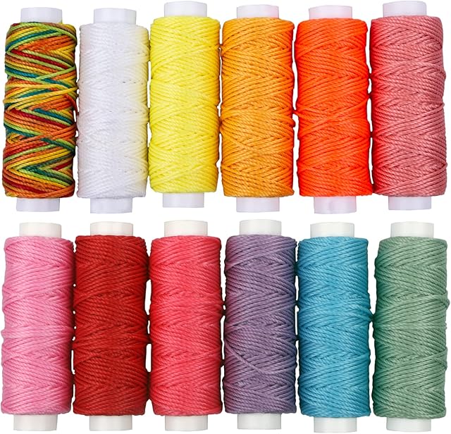 Wax Coated Cords Polyester Leather Sewing Thread Wax-Coated Strings for Macrame, DIY Bracelets, Handcraft or Leather Projects (12 Bright Colors)