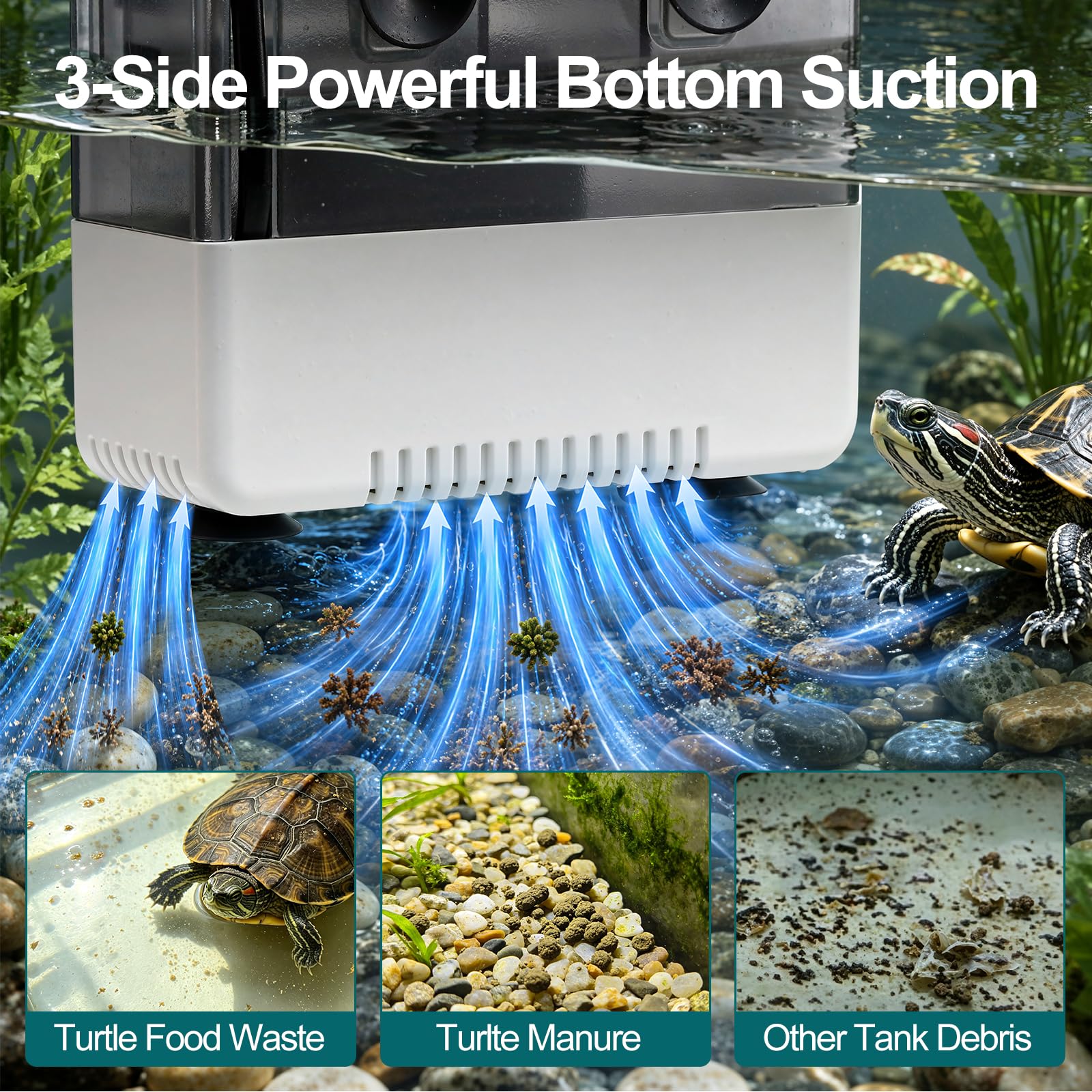 Filtro de tanque de tortuga para acuario para bajo nivel de agua, filtro interno de 158 GPH para pecera de tortuga de 15-30 galones, silencioso para camarones, ranas, reptiles, agua dulce y
