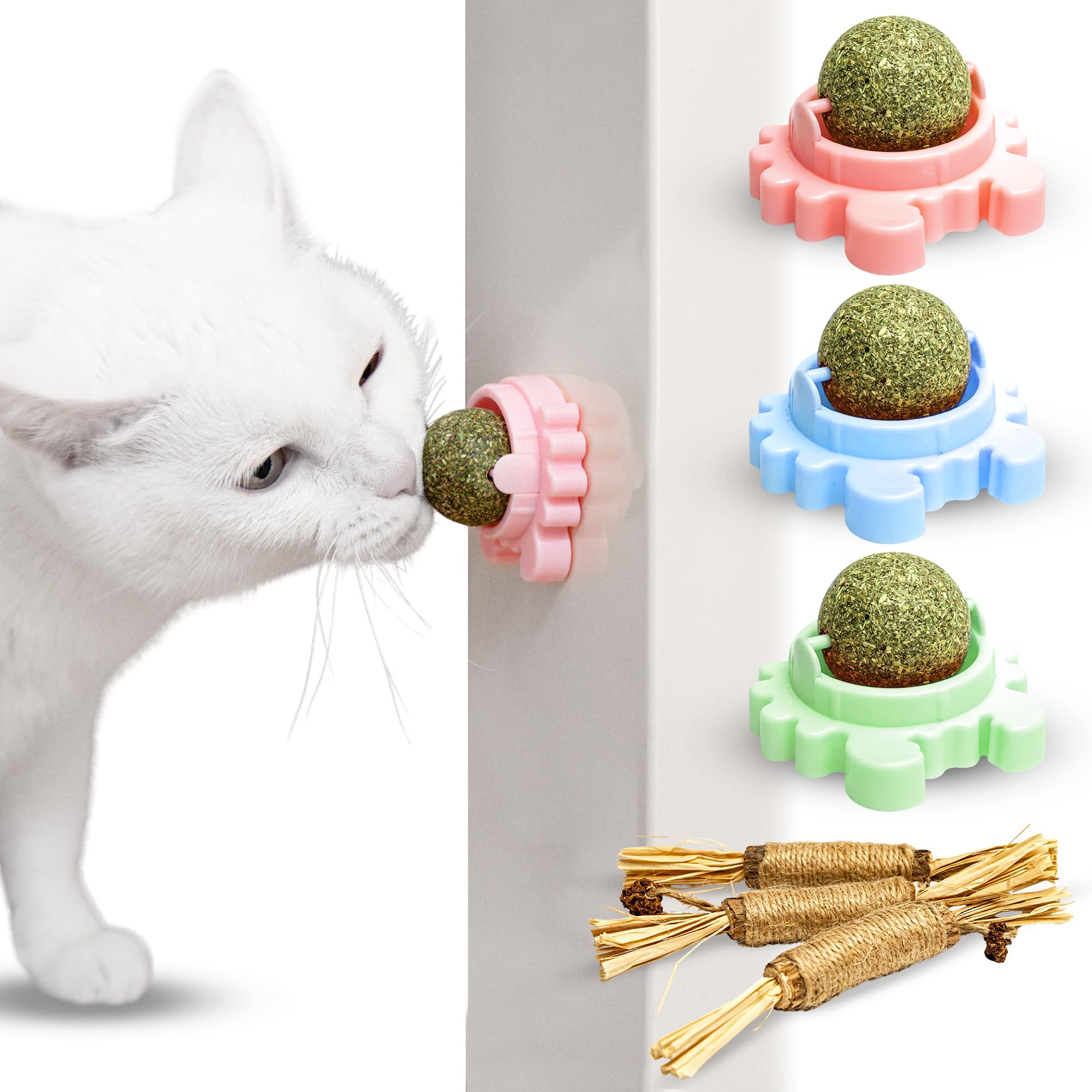 STOCKIO Catnip - Juguetes para Gatos - Gatos Accesorios con 3 palitos mordedores - Rueda para Gatos - Bola de Catnip Gatos 360-3 Bolas Catnip para Gatos con 3 Palos de Masticar