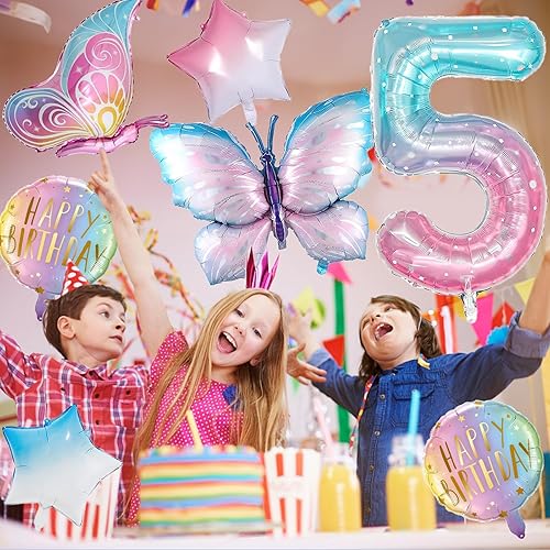 Miniatura 4 de Globos de mariposa Decoraciones de cumpleaños número 5 para niñas, globos de aluminio de color rosa degradado, globo gigante de aluminio de Mylar