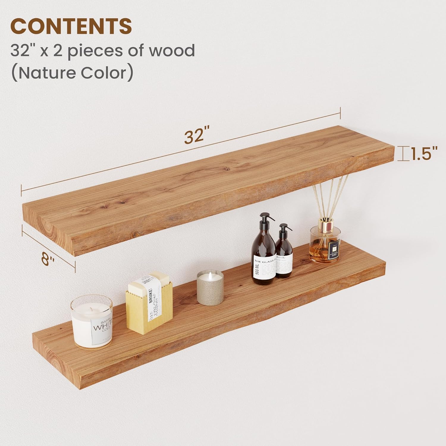 floating shelves for wall decor, rustic solid elm wood live edge floating shelves wall mounted, wall shelves with invisible bracket for living room bathroom bedroom kitchen, 32 inch set of 2, natural live edge, 32inch, 2packs natural
