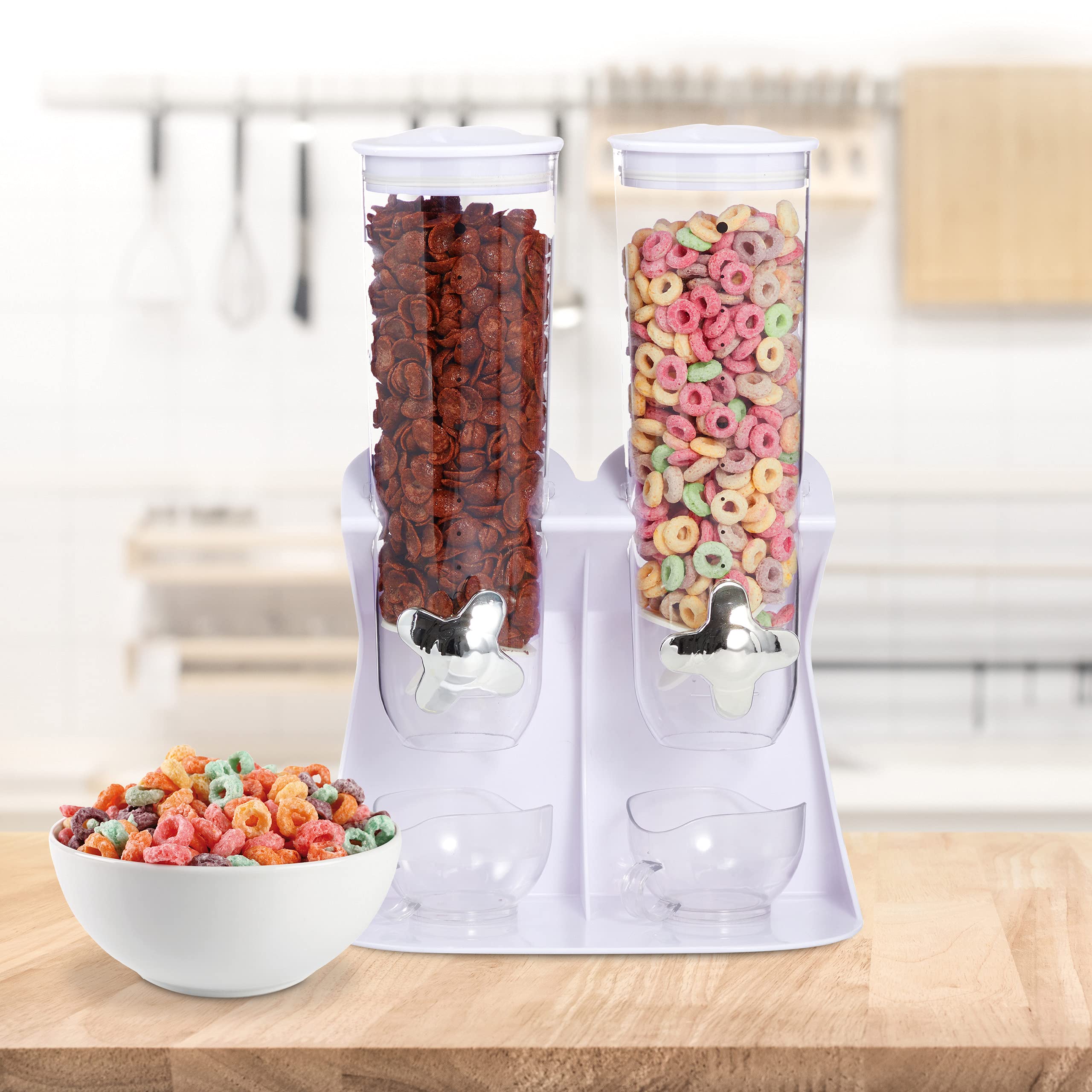 Relaxdays Dispenser Cereali Doppio, Distributore per Corn Flakes, Cioccolatini, Nocciole e Dolcetti, in Plastica, Bianco