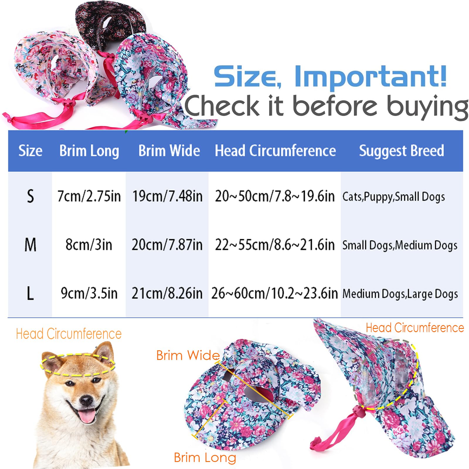 BT Bear Dog Hat,Flower Rural Lace up Pet Sunshade Hat Dog Hats for Cats Puppy Small Dogs,Pink S, Pink Flower - Image 3