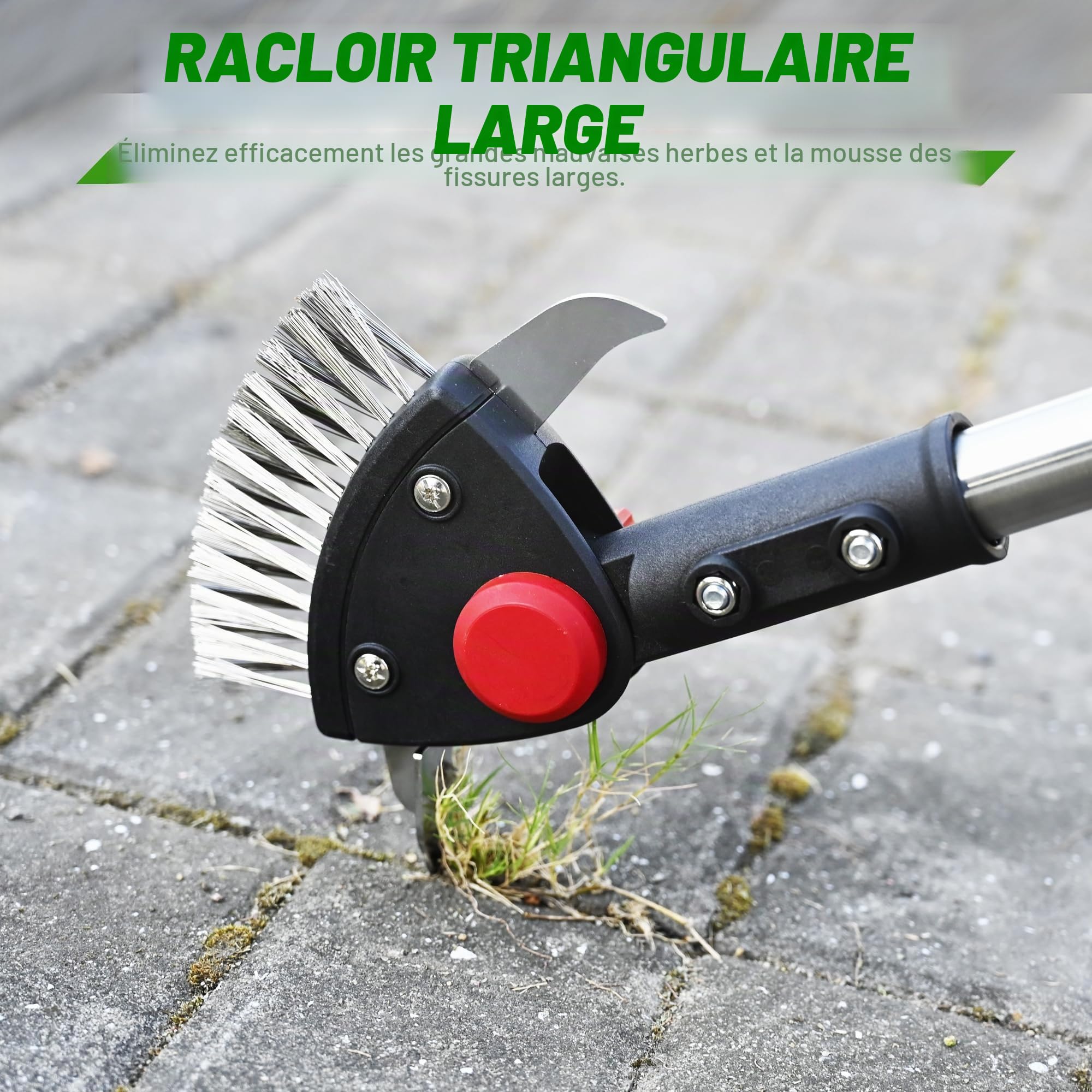 BARAYSTUS Désherbeur de fissures réglable 3 en 1 avec long manche, comprend une brosse à mousse et 2 grattoirs en acier inoxydable pour enlever les mauvaises herbes et la mousse des joints de panneaux