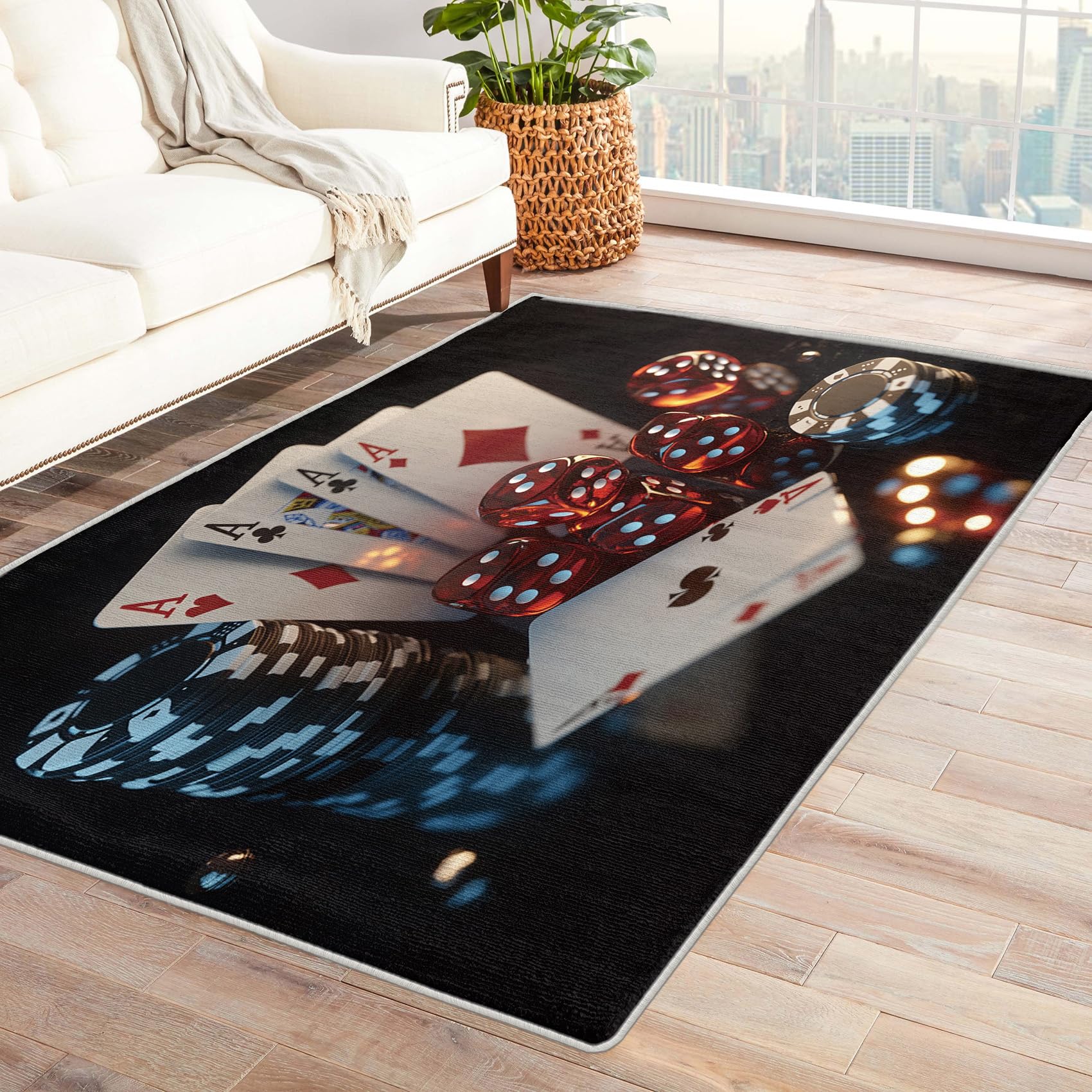 Kcepzhyxl Poker Rug 6x8 for Living Room Bedroom, Casino Chips Area Rug, Poker Tournament Carpet Non-Slip Washable, Soft Low Pile Stain Resistant