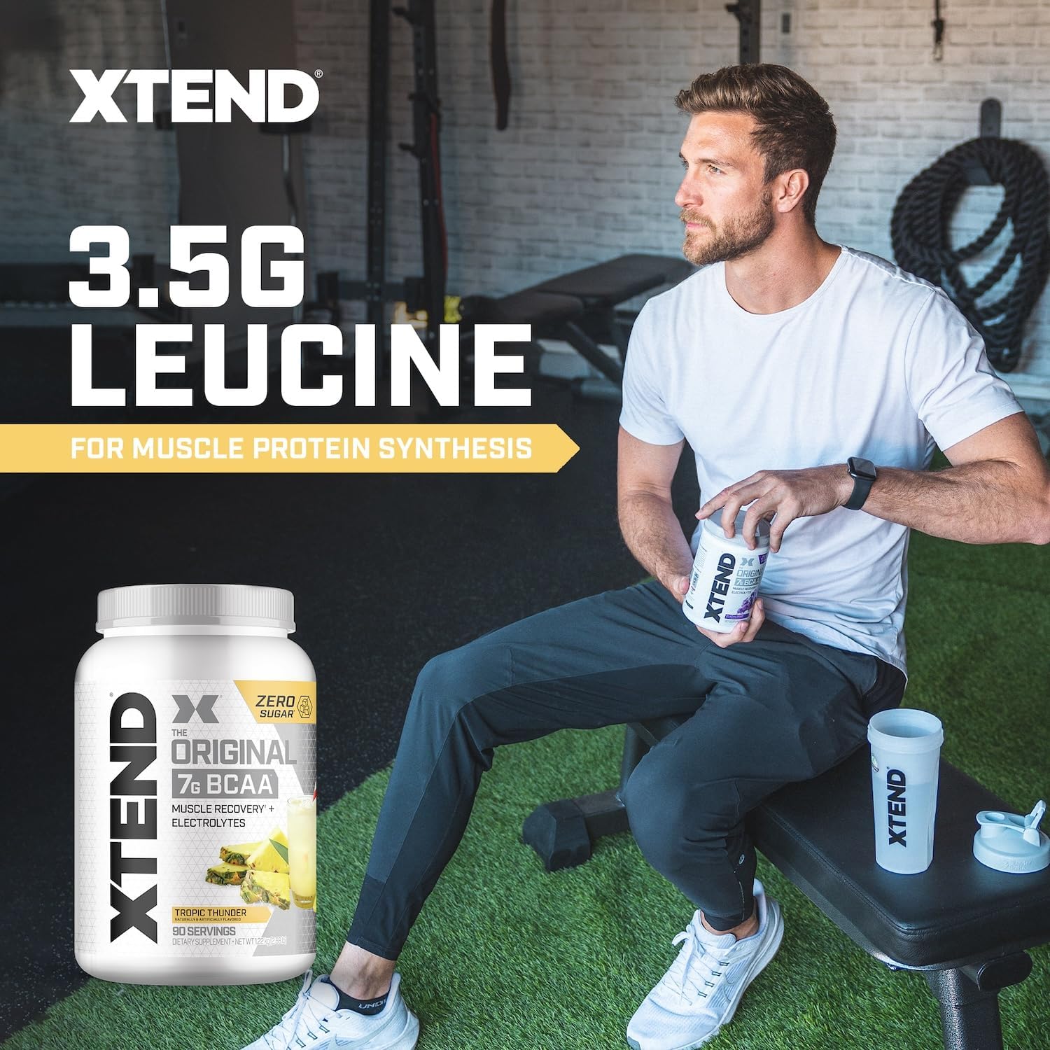 Xtend Original BCAA Powder, 7g BCAAs and 2.5g L-Glutamine for Muscle Recovery Hydration and Lean Muscle, Sugar Free Intra and Post Workout Drink with Electrolytes, Tropic Thunder, 90 Servings