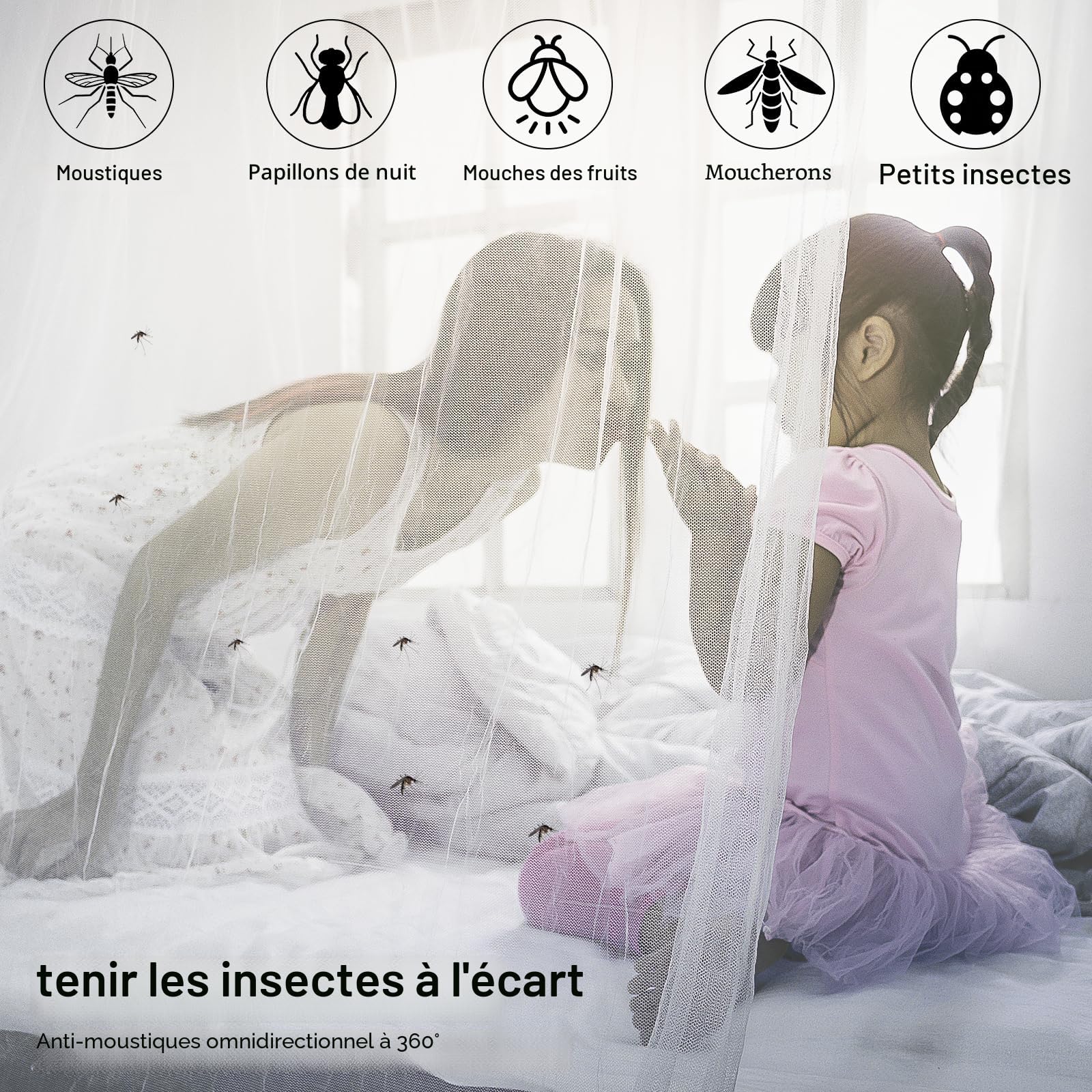 Mizikuu Moustiquaire de Lit Carrée 200 x 220 x 210 cm - Grand Format pour Lits Simples et Doubles - Isolation Efficace Contre Les Moustiques Extérieurs