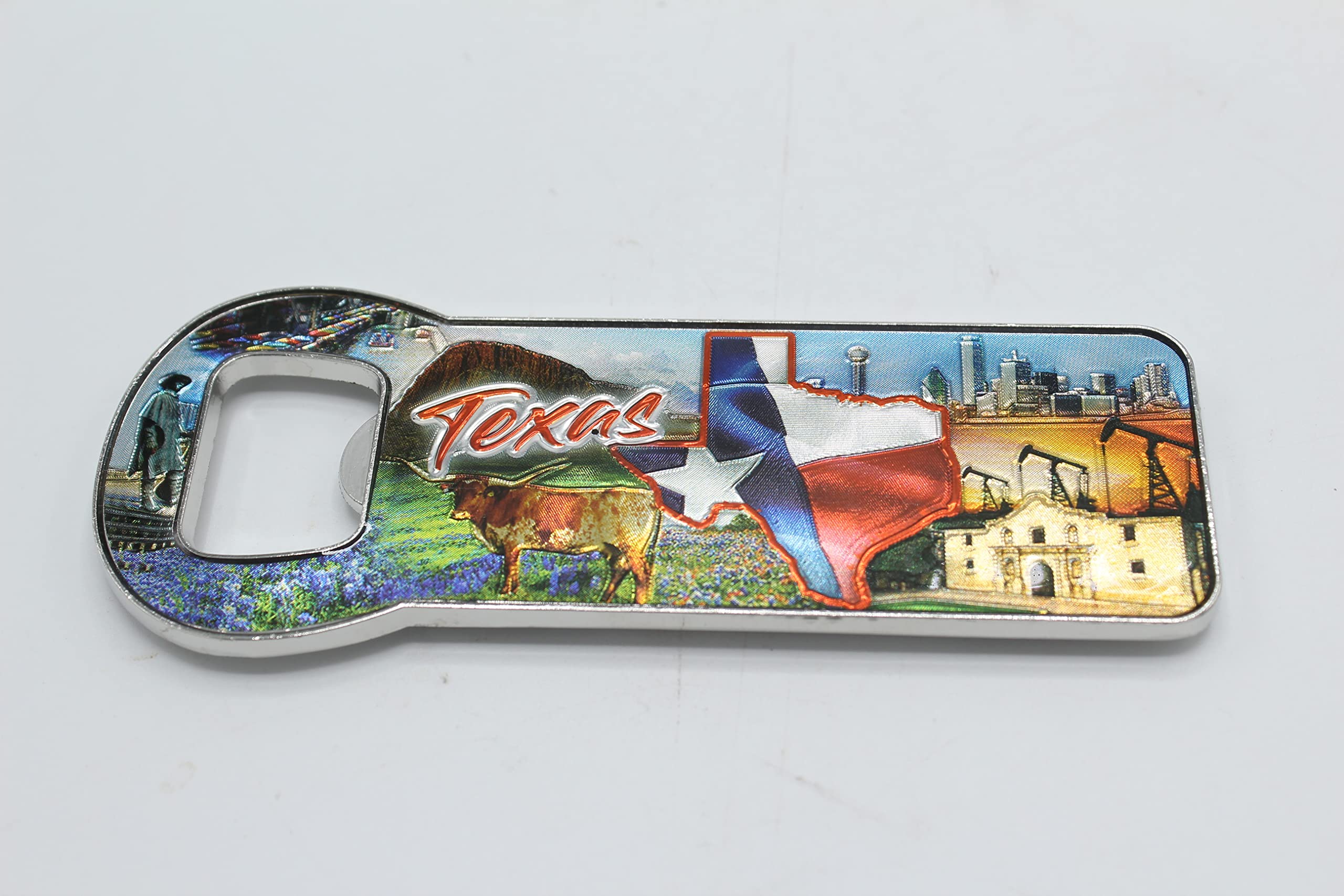 Heavy Duty Metal Texas Map & Cow Refrigerator Magnet with Beer Bottle Opener