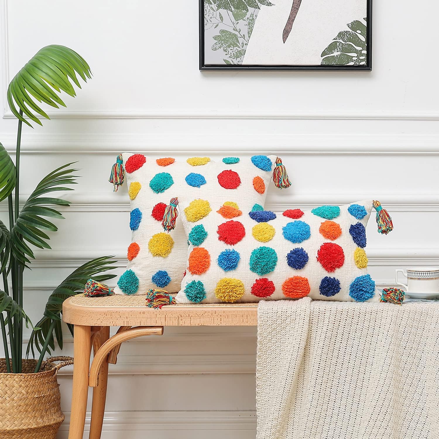 PLWORLD Boho Multicolor Throw Pillow Cover 18x18 Inch with Tassels, Pom Pom Tufted Holiday Decorative Cream Chenille Fabric Accent Textured Cushion Case for Bed Couch, 1 PC Cover Only No Insert - Image 5