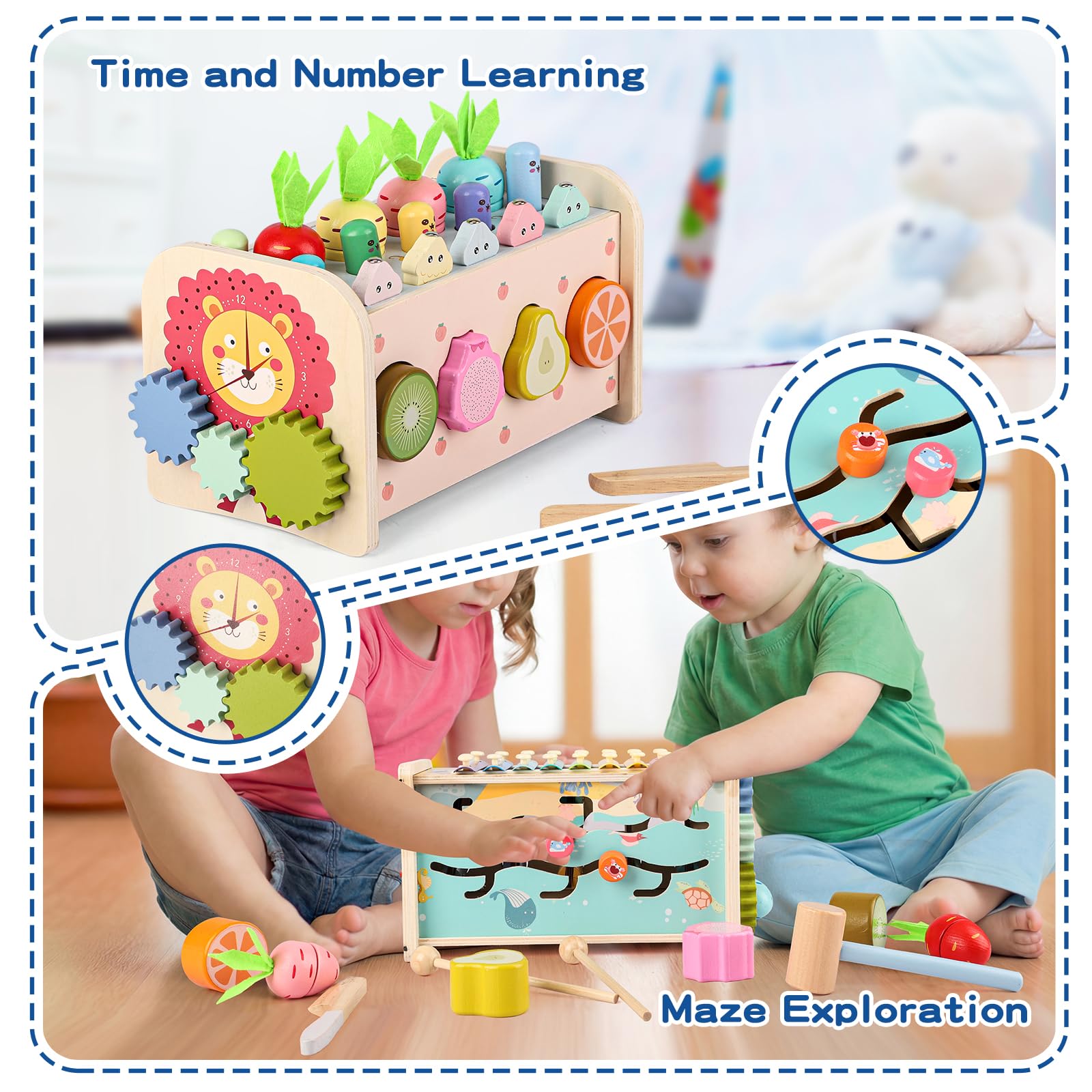 Giochi Montessori Bambini 1 Anno, 9 in 1 Cubo Multiattivita Legno Bambi Giocattoli Educativi Interattivi con Strumenti Xilofono, Acchiappa La Talpa, Gioco Pesca & Frutta, Regalo Compleanno Pasqua