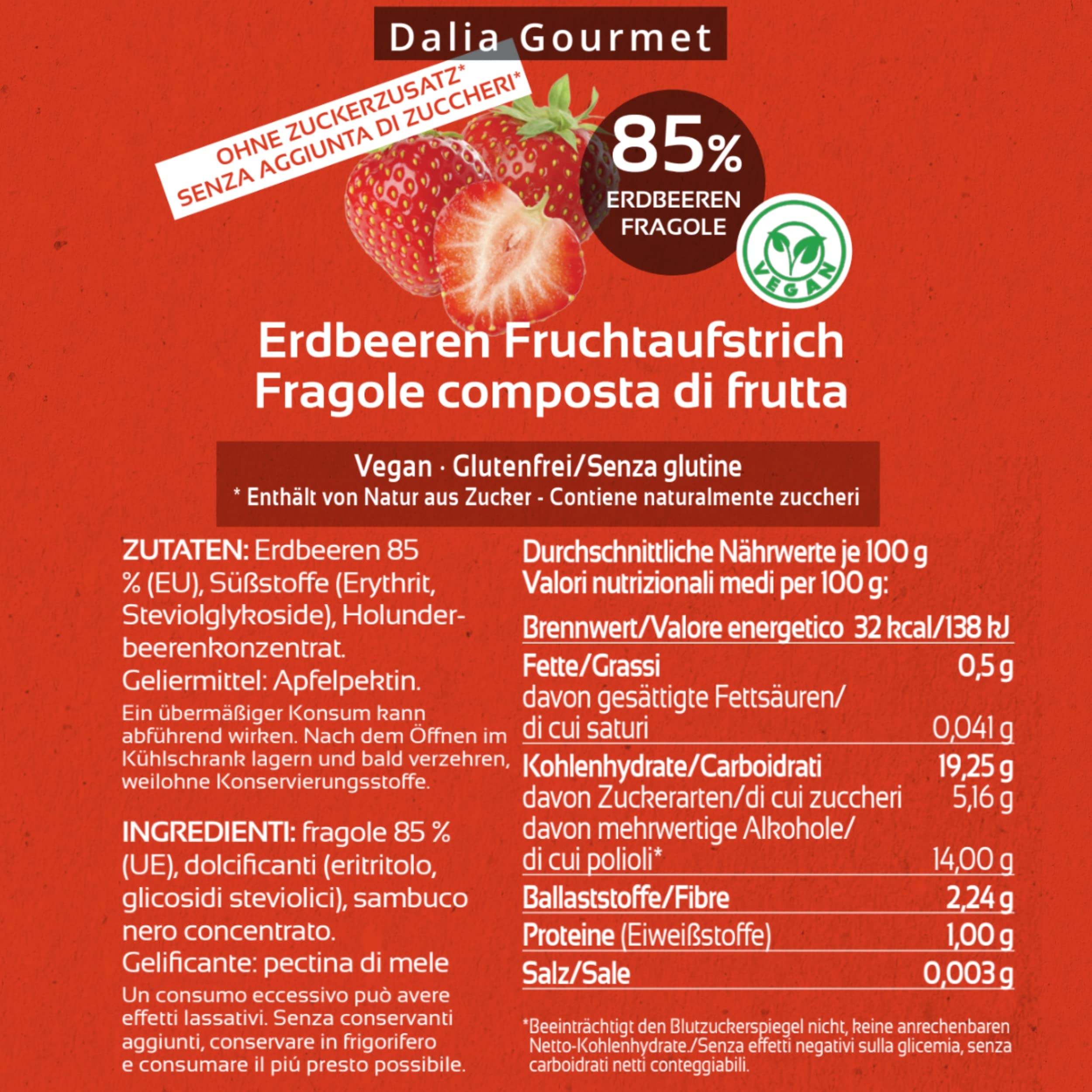 Composta di frutta 85 % | Senza aggiunta di zuccheri con ERITRITOLO - STEVIA | Prodotto artigianale italiano | 6 pezzi da 220 g (Fragola)