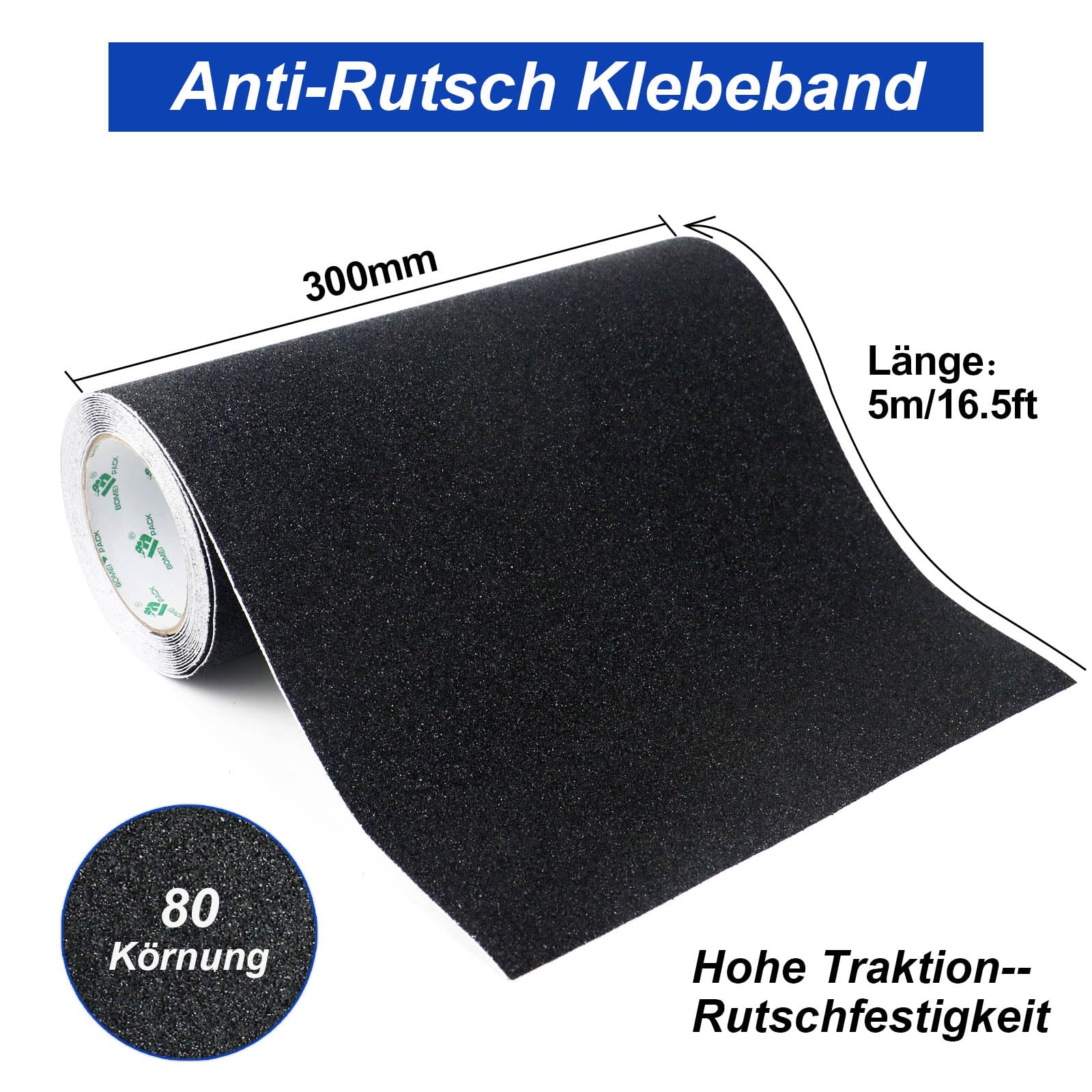 BOMEI PACK 300 mm x 5 m - Noir - Antidérapant - Pour escaliers et skateboard - Bande de traction solide - Niveau de sécurité antidérapant - Marches de sécurité pour l'intérieur et l'extérieur