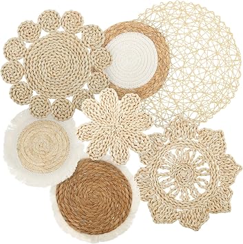 HJJWNDDNG 7 Pack Boho Wall Basket Decor Set, Hanging Woven Seagrass Rattan Wicker Boho Wall Decor, Round Farmhouse Wall Hanging Baskets Rustic Flat Wall Art for Living Room Bedroom Kitchen Style 4