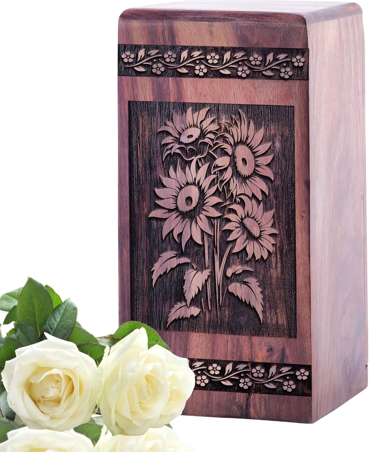 Sunflower Field Urn for Ashes for Women - Large Urns for Adult Male - Wooden Urns for Human Ashes Adult Female - Decorative Urns for Men - Funeral Urns for Mom - 10 Inch Wooden Box for Dad