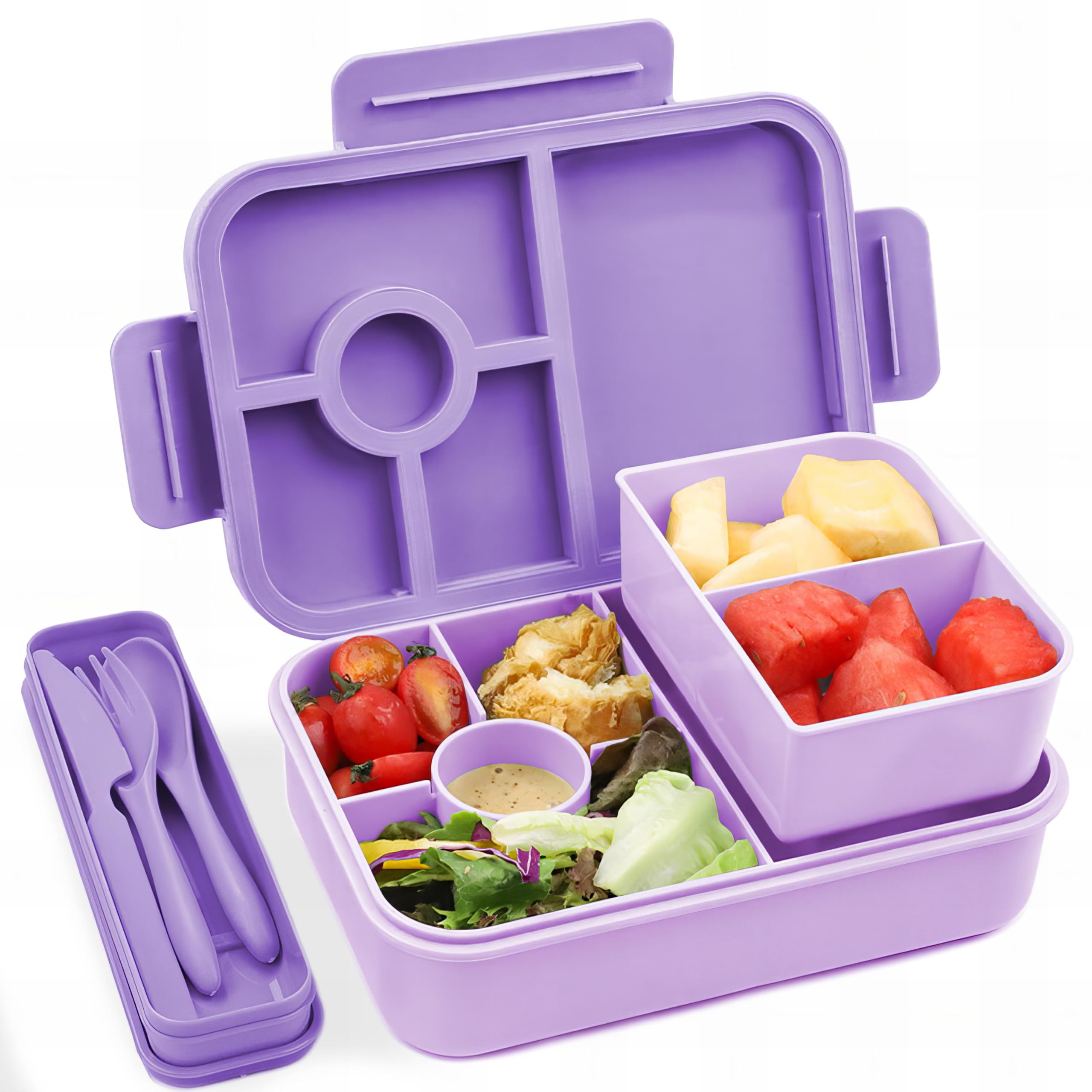 Bugucat Bento Lunch Box, 1300ML with 4 Compartments, Cutlery, Leak-Proof for Kids & Adults, Purple, 1PCS
