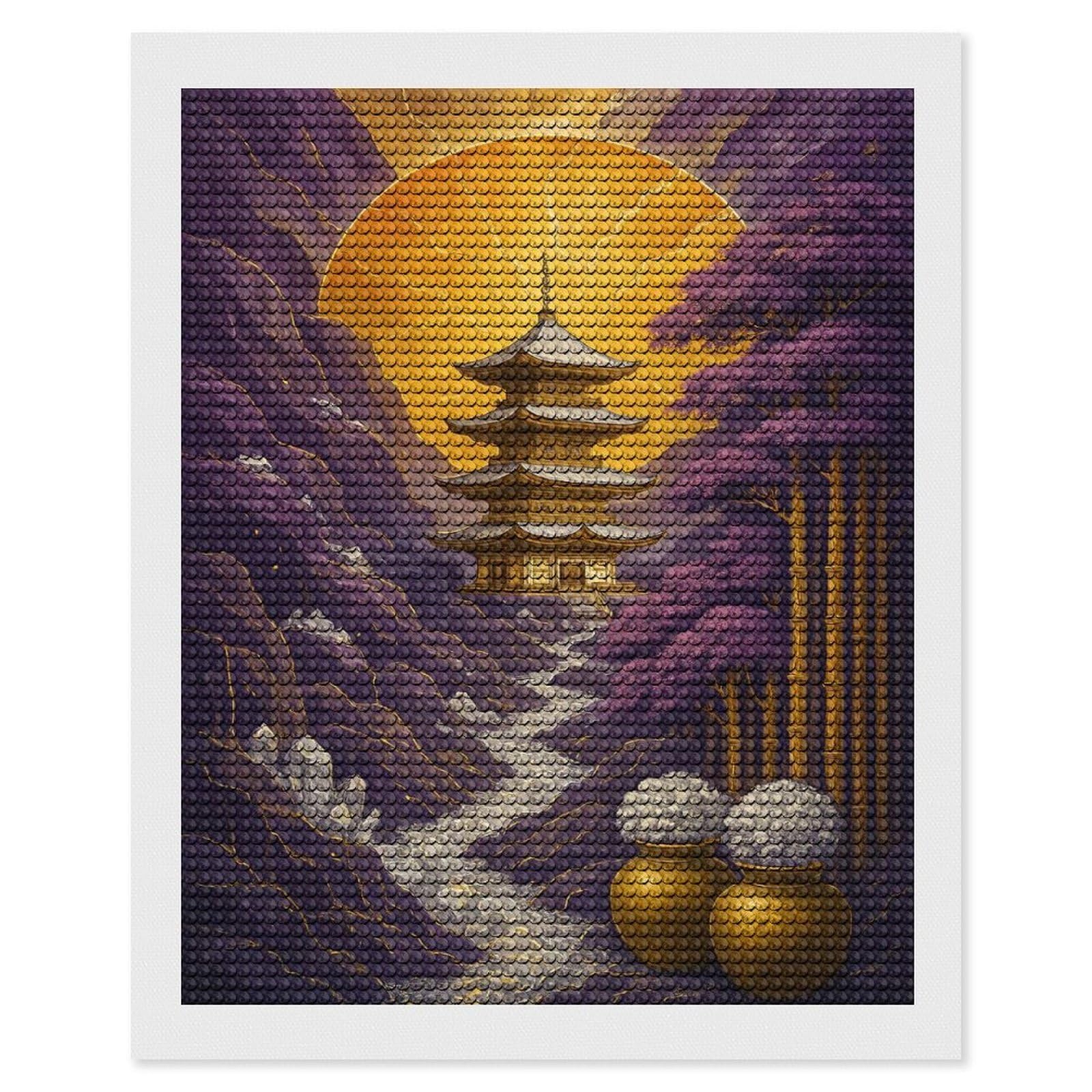 Junmoney Japanese Pagoda Landscape with Golden Sun Diamond Painting Canvas Set 16"x20", for Women, Mindful Craft Activity, Cosy Home Accent, Festive Craft Gift