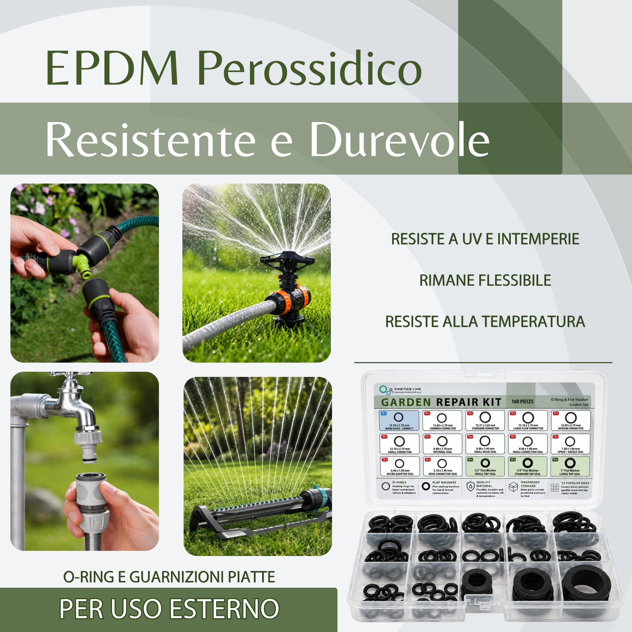 Garden Repair Kit per Riparazione Tubo da Giardino, 160 Pezzi – O-Ring EPDM e Guarnizioni Piatte per Rubinetto, Connettore Tubo e Irrigatore