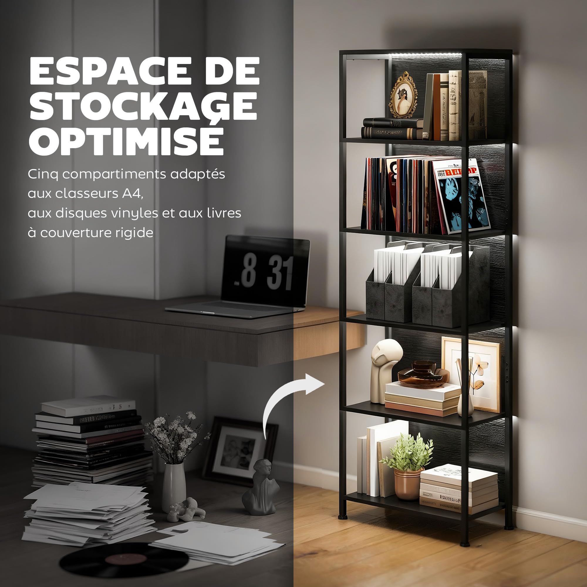 HOMCOM Bibliothèque à 5 Niveaux avec éclairage LED 7 Couleurs, étagère de Rangement, Structure en Acier, Style Industriel, Meuble de Rangement pour Salon, Bureau, Chambre, 60 x 30 x 179 cm, Noir