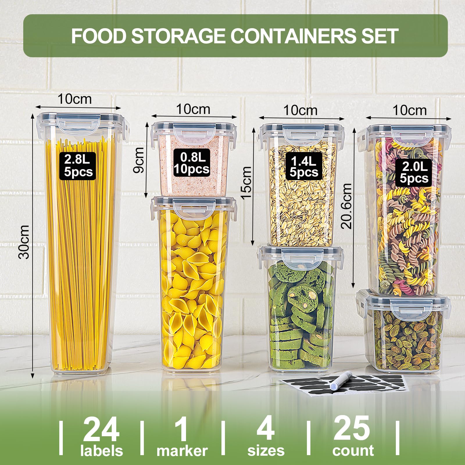 L LONGANCHANG Boite Hermetique Alimentaire Lot de 25: Bocaux Rangement en Plastique avec Couvercles | Boite Rangement Cuisine pour Céréales, Farine, Pâtes, Riz | Sans BPA | Lavable au lave-vaisselle