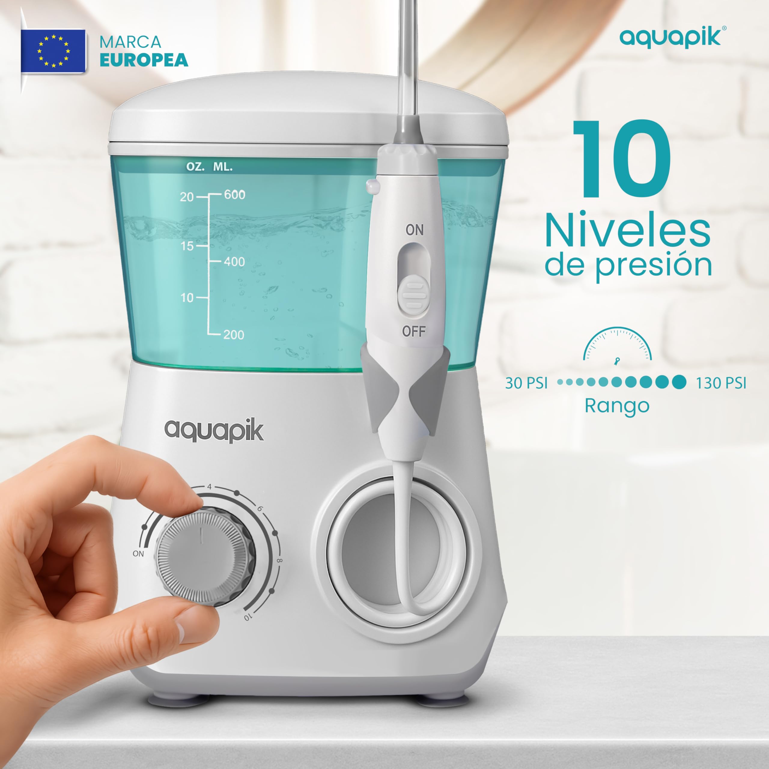 Aquapik Advanced irygator do jamy ustnej, idealny do aparatów ortodontycznych, implantów i wrażliwych dziąseł, zestaw do rozjaśniania usuwa plamy | 10 poziomów ciśnienia | 10 dysz | zalecany przez