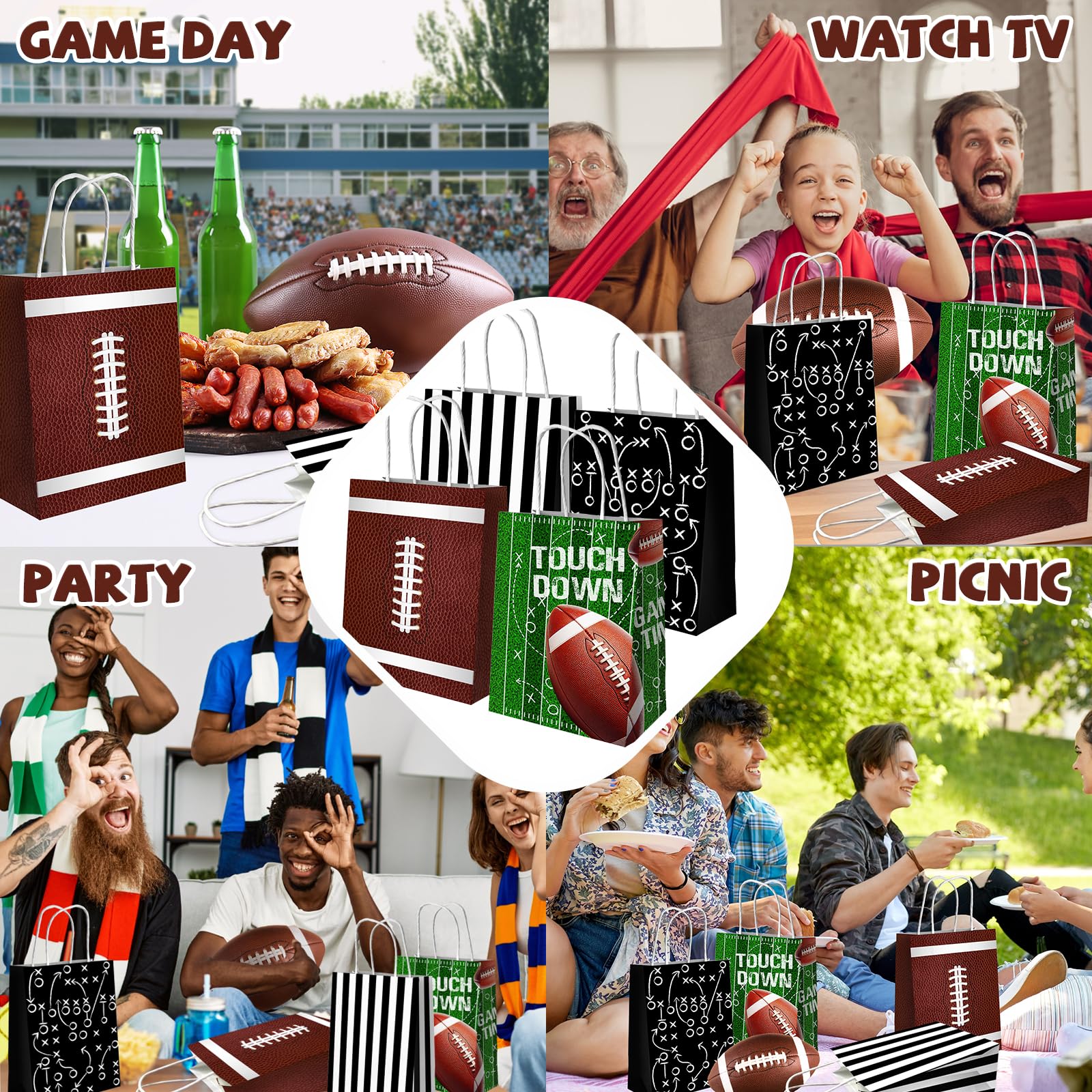 Juweked 12Pcs Football Gift Bags With Handle - Paper Goodie Bags for Snacks, Party Favors, Treats - Touchdown Game Time Party Decor