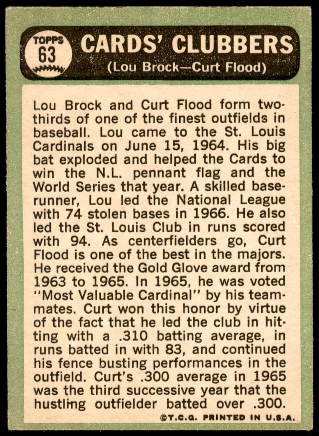 1967 Topps #63 Cards Clubbers Lou Brock/Curt Flood St. Louis Cardinals (Baseball Card) EX Cardinals