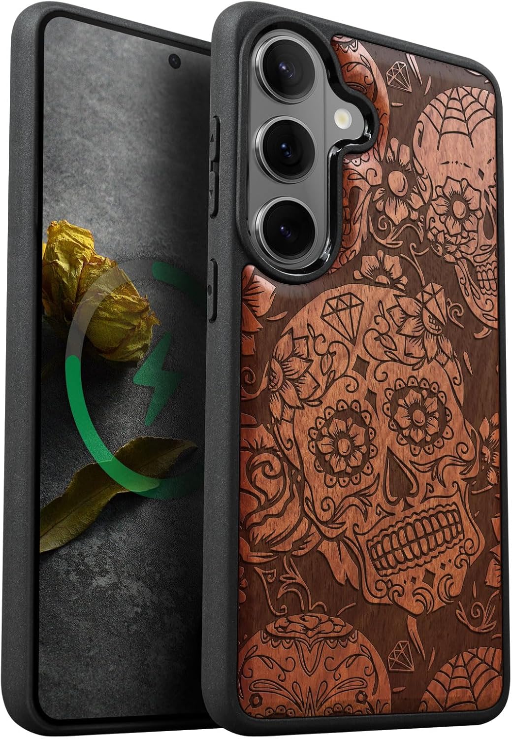 Carveit Magnetic Wooden Case for Galaxy S26+ Samsung S26 Plus Case, TPU Shockproof Cover & Wood Engraved, Compatible with MagSafe Wireless Chargers (Dance of the Sugar Skulls) Rosy