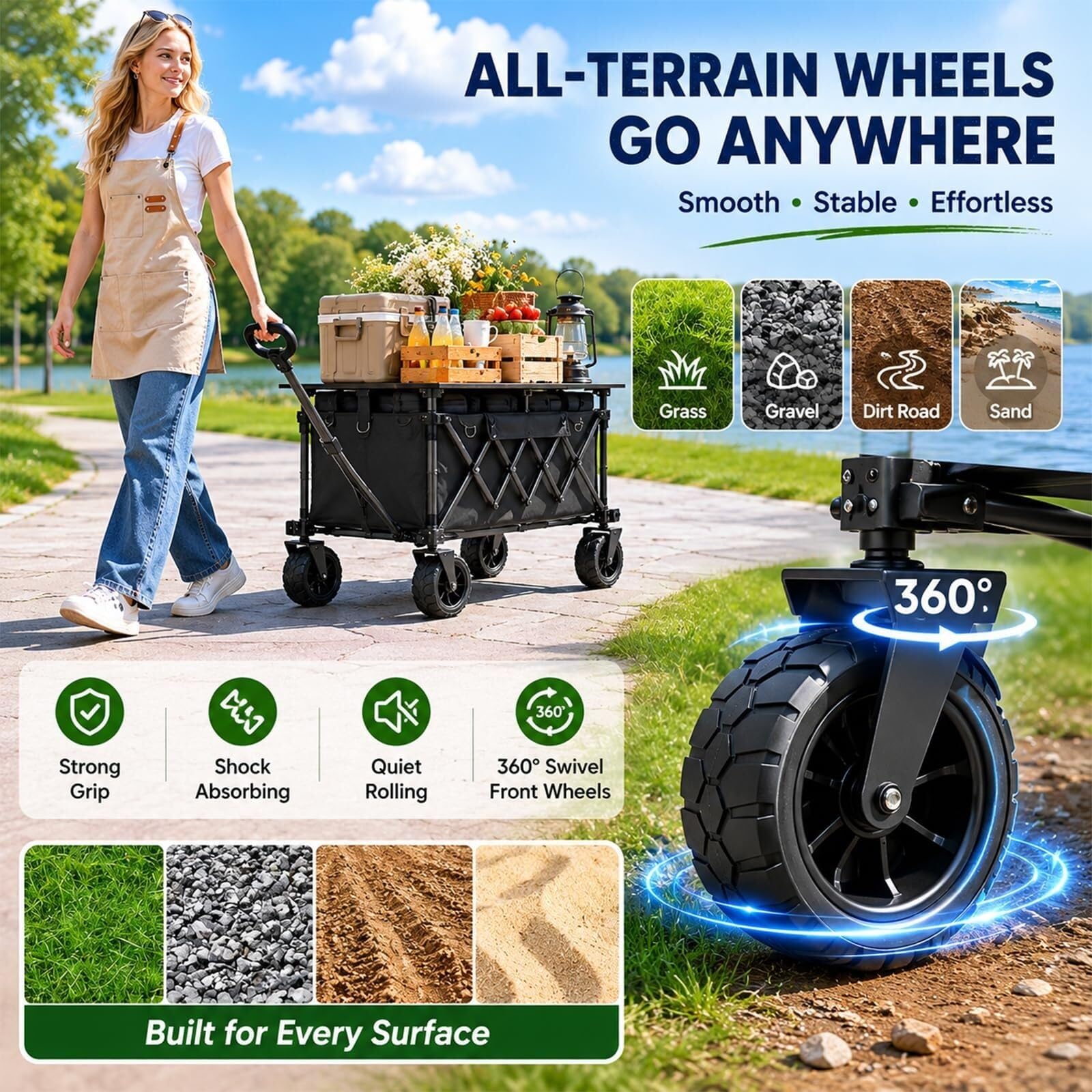 Stand for mercato agricolo con ombrellone e contenitore ad alta capacità | Carrello da campeggio portatile su ruote, ideale for picnic all'aperto, vendita di dessert e vendita di cibi pronti