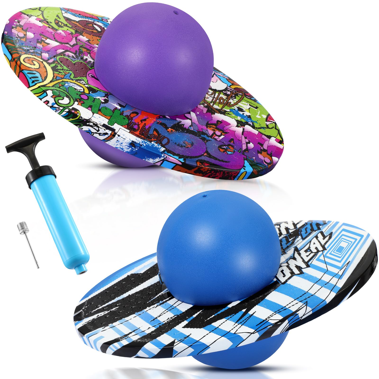 Junkin 2 Pcs Pogo Ball for Kids Boys Girls Pogo Trick Board Kids Balance Board Pogo Balance Bounce Ball with Pump and Strong Grip Deck for Fun Challenge Fidget Toys Party Favors (Purple, Blue)