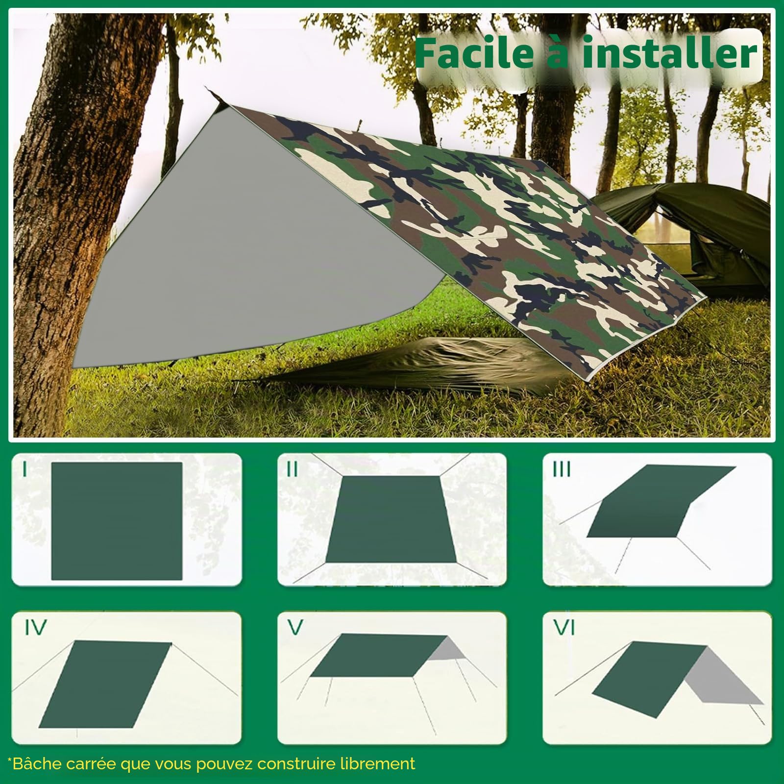 3x3M Camping Bâche, Tarp Ultra Léger, Tarp Bivouac Anti UV Ripstop, avec Oeillets, 6 Piquets en alu, 6 Cordes, pour Bivouac, Randonnée, Trekking, Hamac, Auvent Van Fourgon