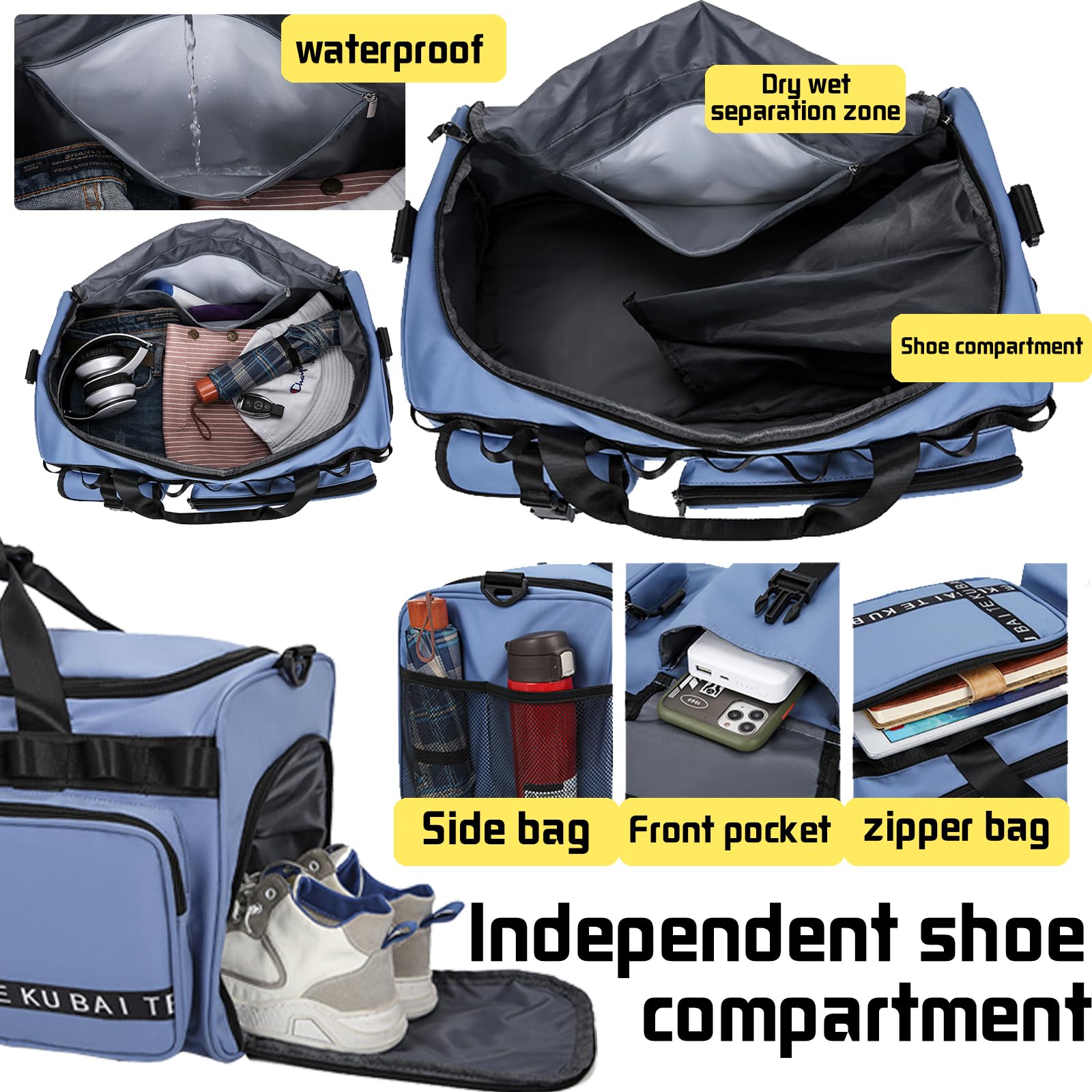 Reisetasche Damen Herren, 65L Wasserabweisende Sporttasche, Reise Tasche mit Schuhfach und Nassfach, Gym Bag, Handtasche, Umhängetasche, Schultertasche für Reisen, Fitness, Sport, Königsblau