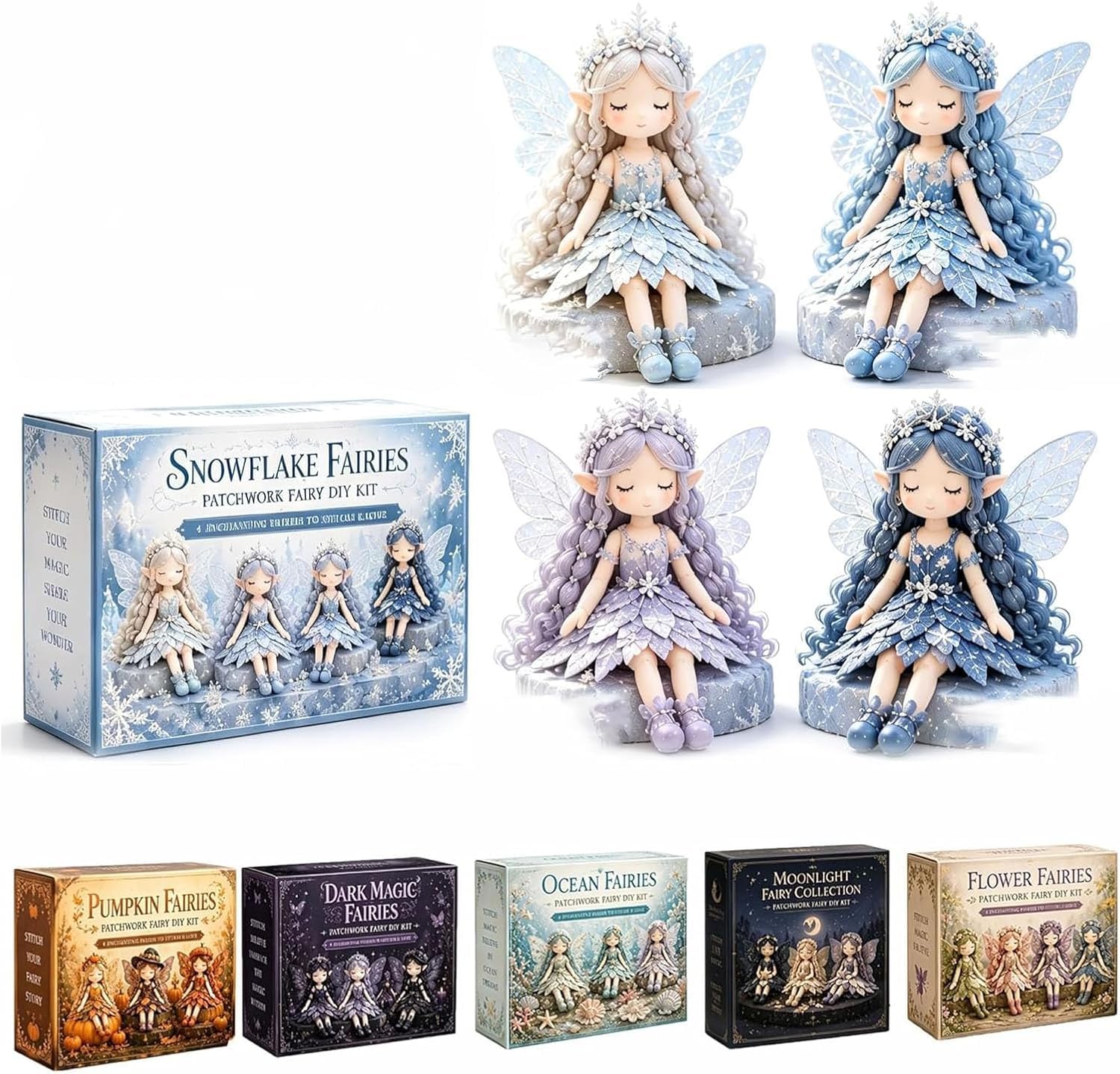 Fairy Patchwork DIY Collection, Flower Fairies Sewing Kit for Adults & Beginners, Make 4 Fabric Fairy Dolls with Pre-Cut Materials – Handmade Craft Gift & Cottagecore Home Decor (Snowflake Fairies)