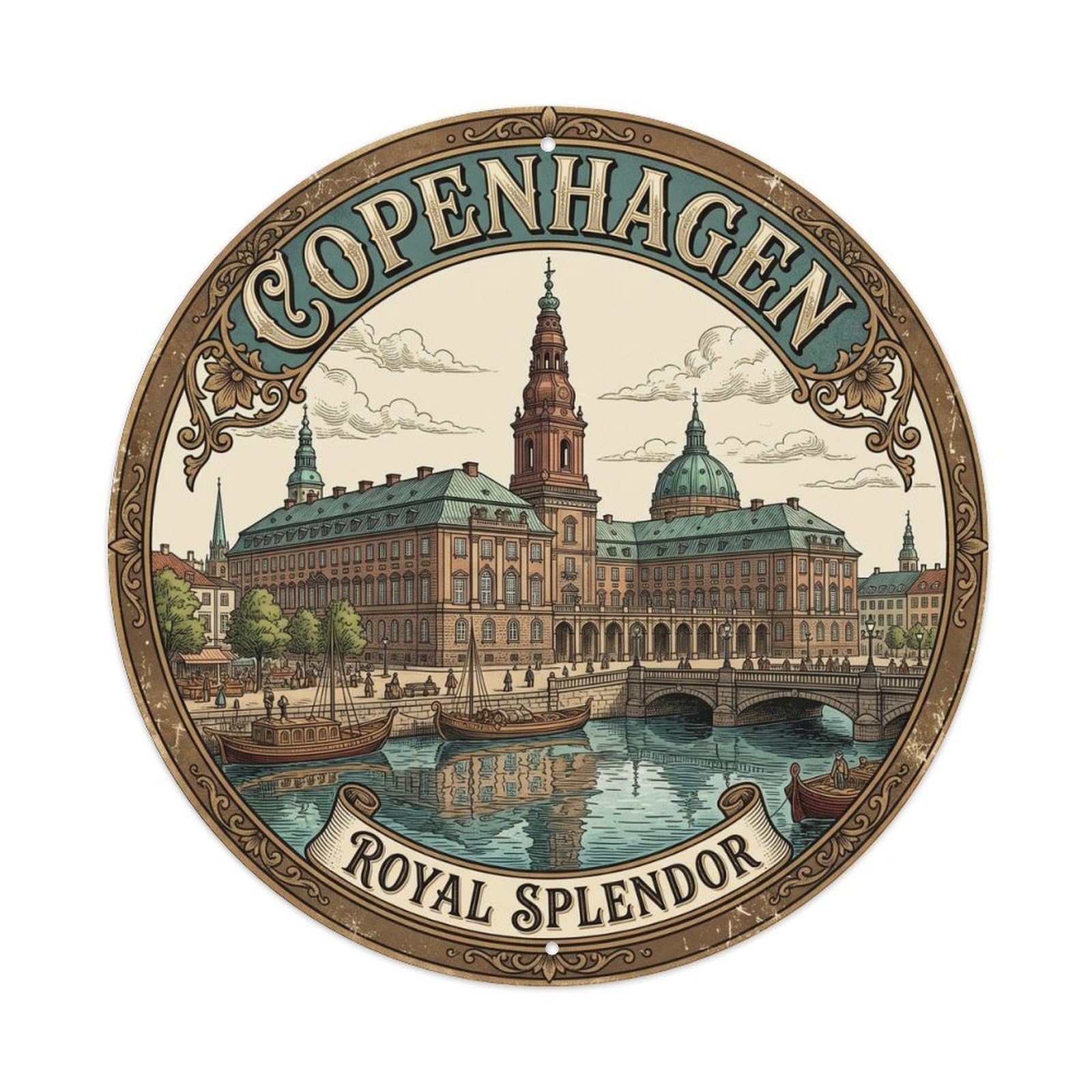 Cmhok Vintage Style Vintage Travel Copenhagen Denmark Palace Metal Tin Sign Plaque Wall Decor For Cafe, Club, Garden Round Metal Poster 8X8inch