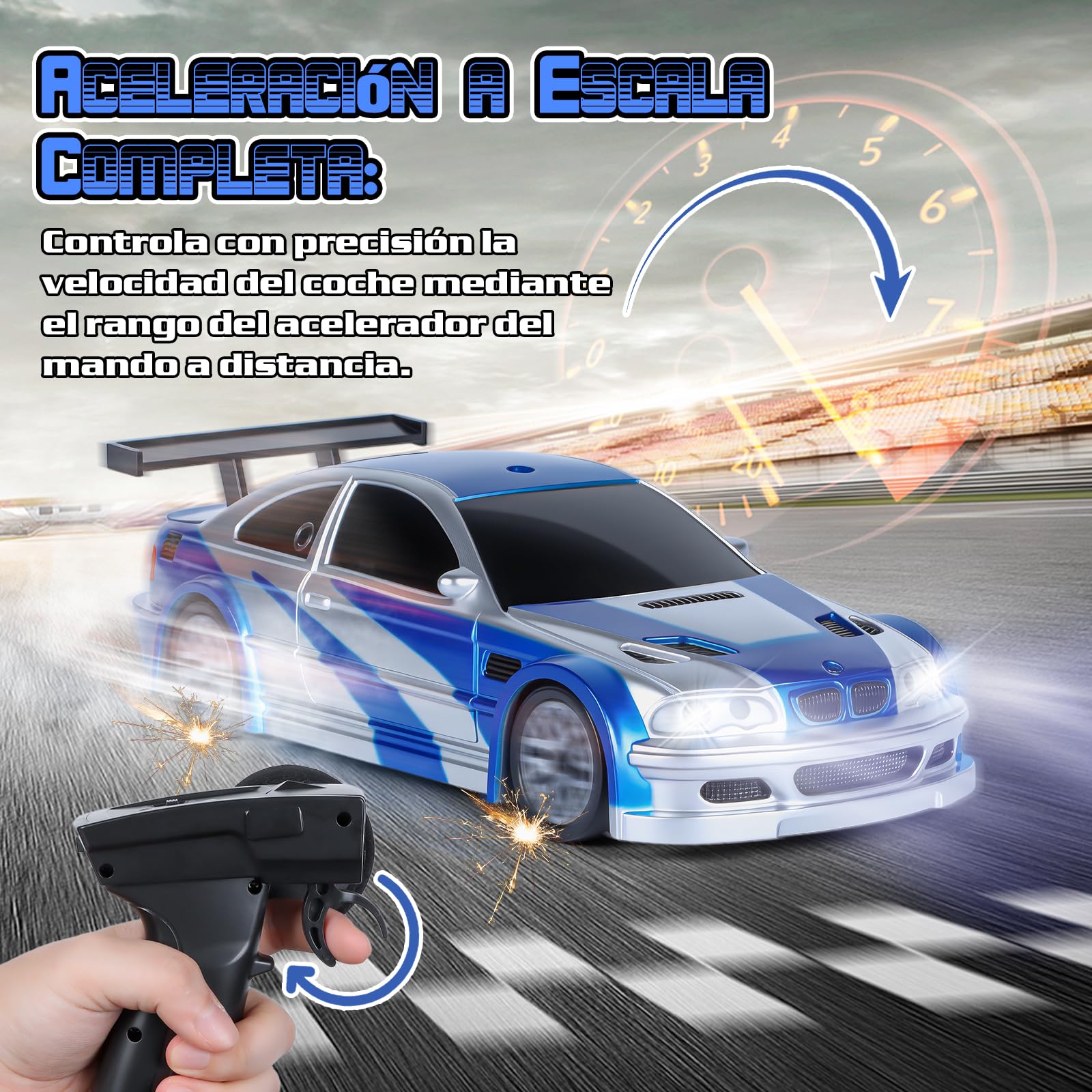 JONRRYIN Coche Teledirigido Drift Pro, 1:43 Mini Drift RC Car, 4WD Car Radiocontrol con Giroscopios y Luces LED, 15km/h, Coche Teledirigido de Juguete para Niños de 14+ Años (Azul Pro-Gyro)