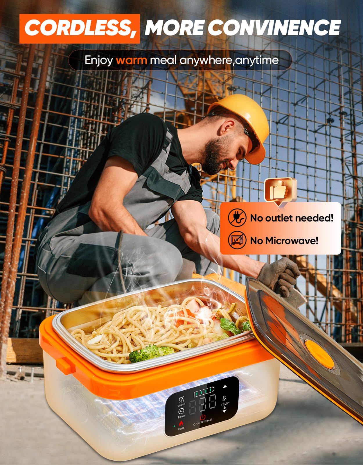 Fiambrera eléctrica inalámbrica, calentador de alimentos autocalentable, fiambreras a batería con recipiente de 1 litro, lonchera térmica recargable para hombres, mujeres, automóvil, camión 2