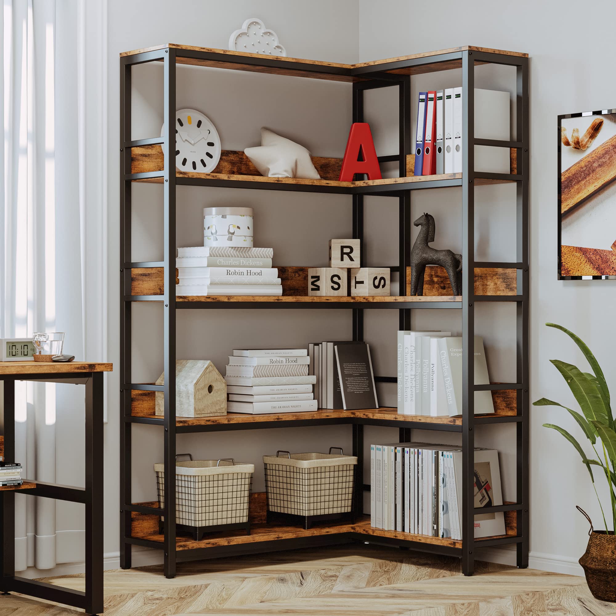 Snapklik.com : IRONCK Industrial Bookshelves 5 Tiers Corner Bookcases