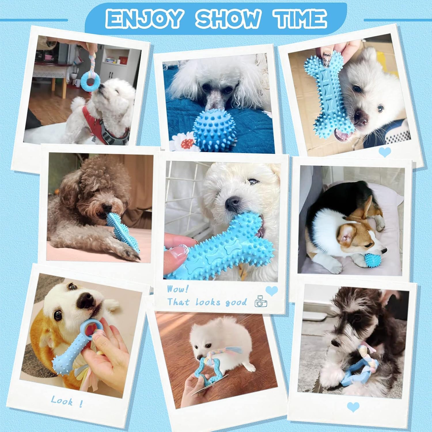 6 Pack Dog Chew Toys Set, Puppy Teething Toys, Blue Textured Rubber Squeaky Ball, Bone, Ring and Rope Toys, Small to Medium Dogs - Image 2