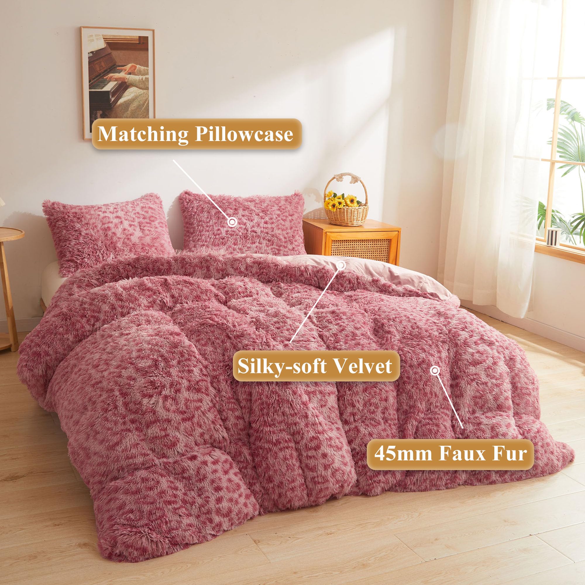 XeGe Tiger Print Fluffy Faux Fur Duvet Cover Set, 3 Pieces Soft Plush Shaggy Fuzzy Bedding Set(1 Farmhouse Comforter Cover + 2 Furry Pillow Cases), Zipper Closure(Queen, Tiger Print Brown): Queen Cheetah Print Pink