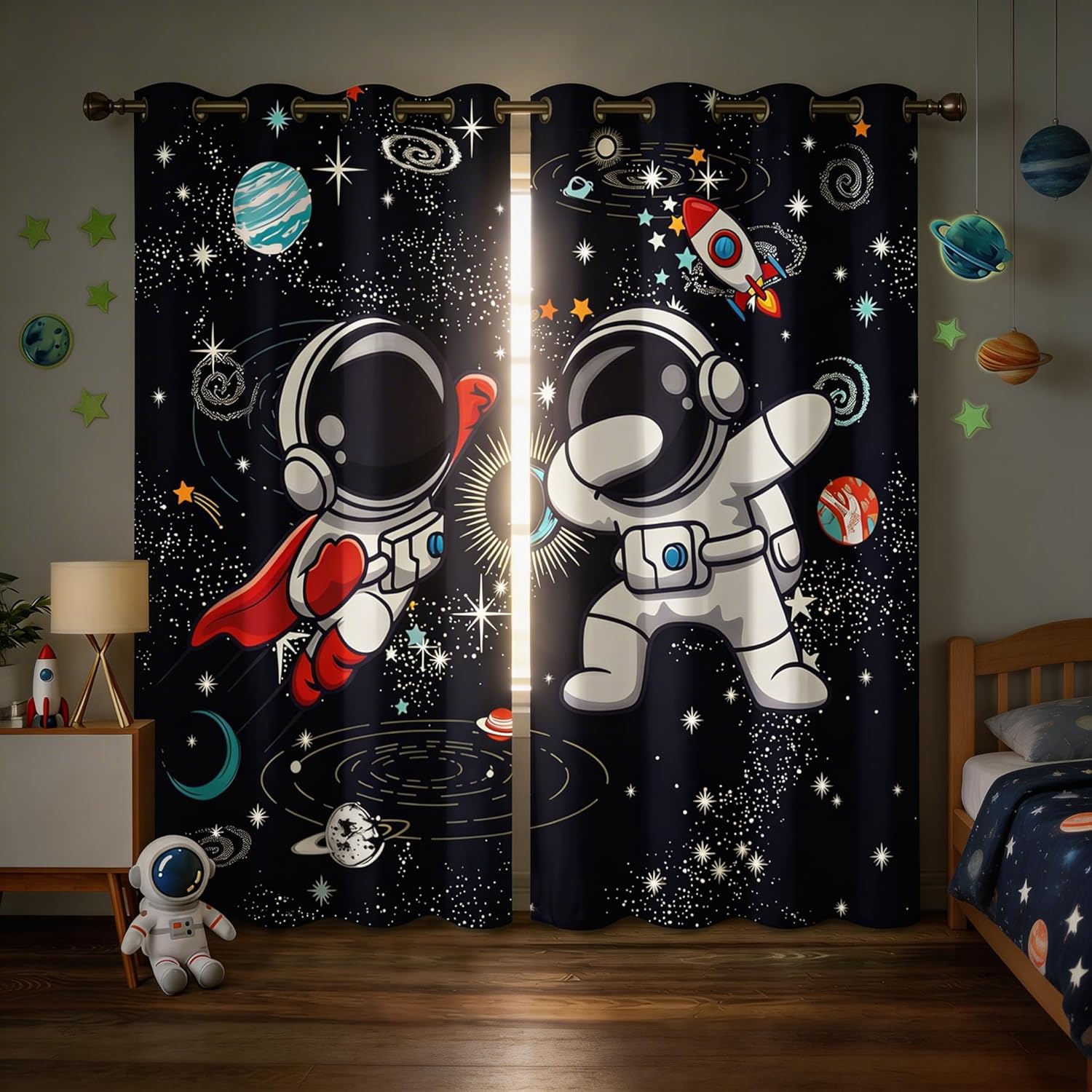 Space Curtains for Boys Room – Astronaut Themed Blackout Grommet Drapes, Thermal Insulated Outer Space Curtains Panels for Kids Bedroom, 42 x 63 Inch