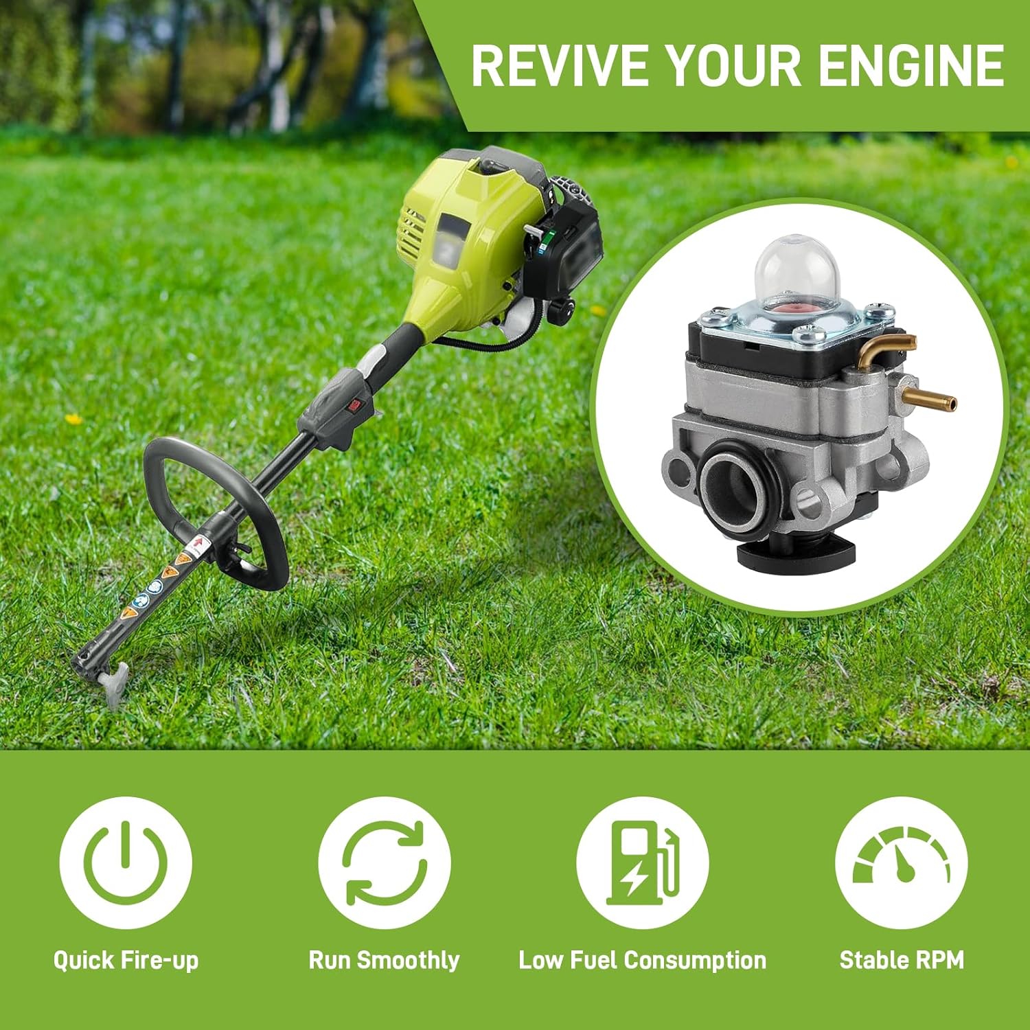 Graphic showing a string trimmer and carburetor with icons for quick fire-up, smooth running, low fuel consumption, and stable RPM.