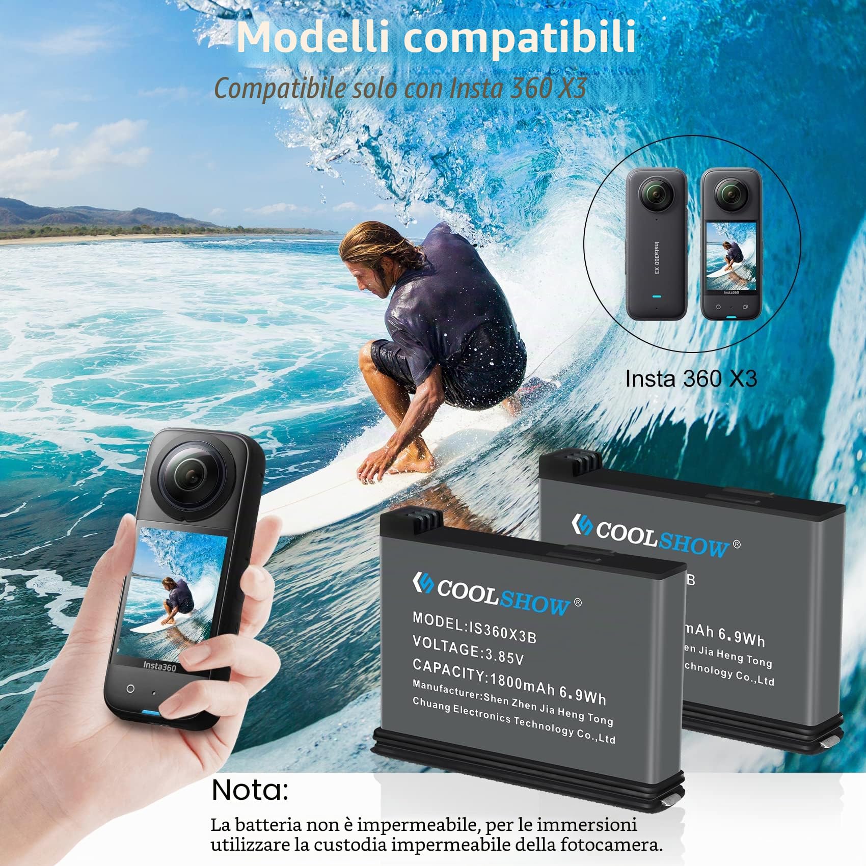 COOLSHOW Action Camera X3 Batteria 1800mAh 2 pezzi e X3 Caricabatterie Triplo con Type-C e Micro USB di ricarica Compatibile con X3 fotocamera (Sostituzione della X3 Batteria)