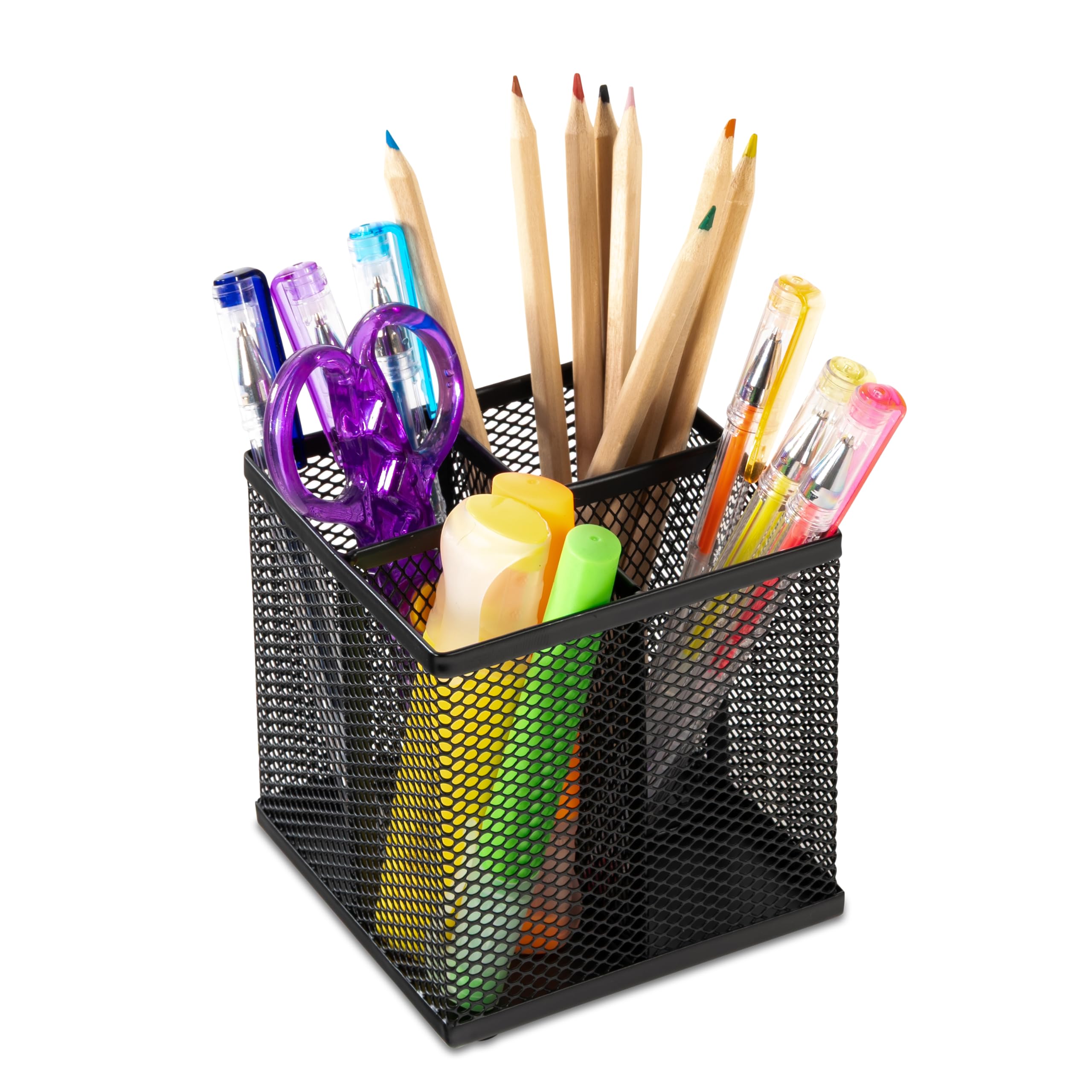 OSCO Wiremesh Square Pen Pot, 4-Section Pencil Holder, Desk Tidy and Office Organiser, Makeup Brush Holder and Cosmetics Display, Metal Mesh Organiser, H10.5 × W10 × D10 cm, Black