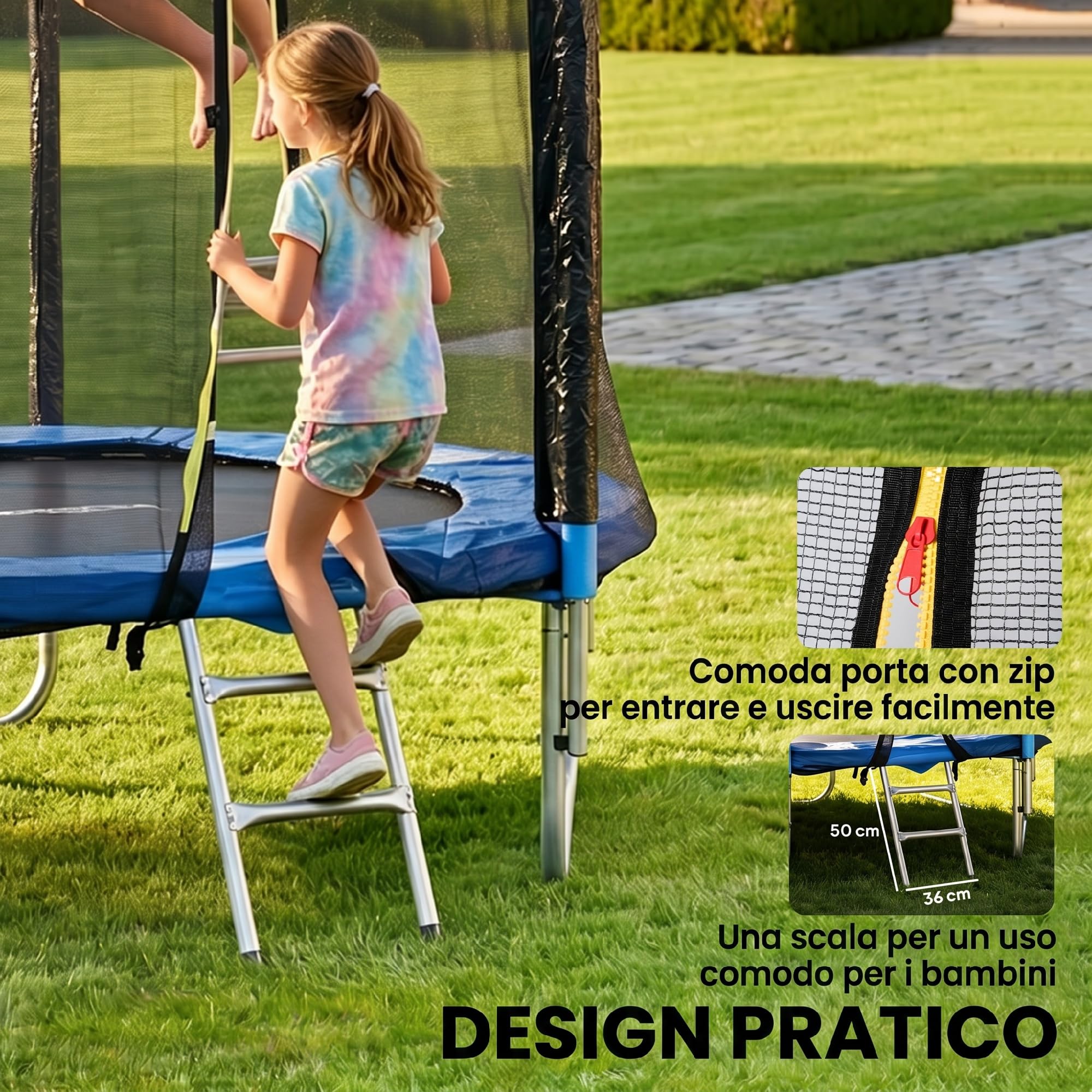 SPORTNOW Trampolino Elastico con Scaletta e Rete di Sicurezza, Tappeto Elastico in Acciaio e Plastica con 3 Gambe a U, Ø180x200 cm, Blu