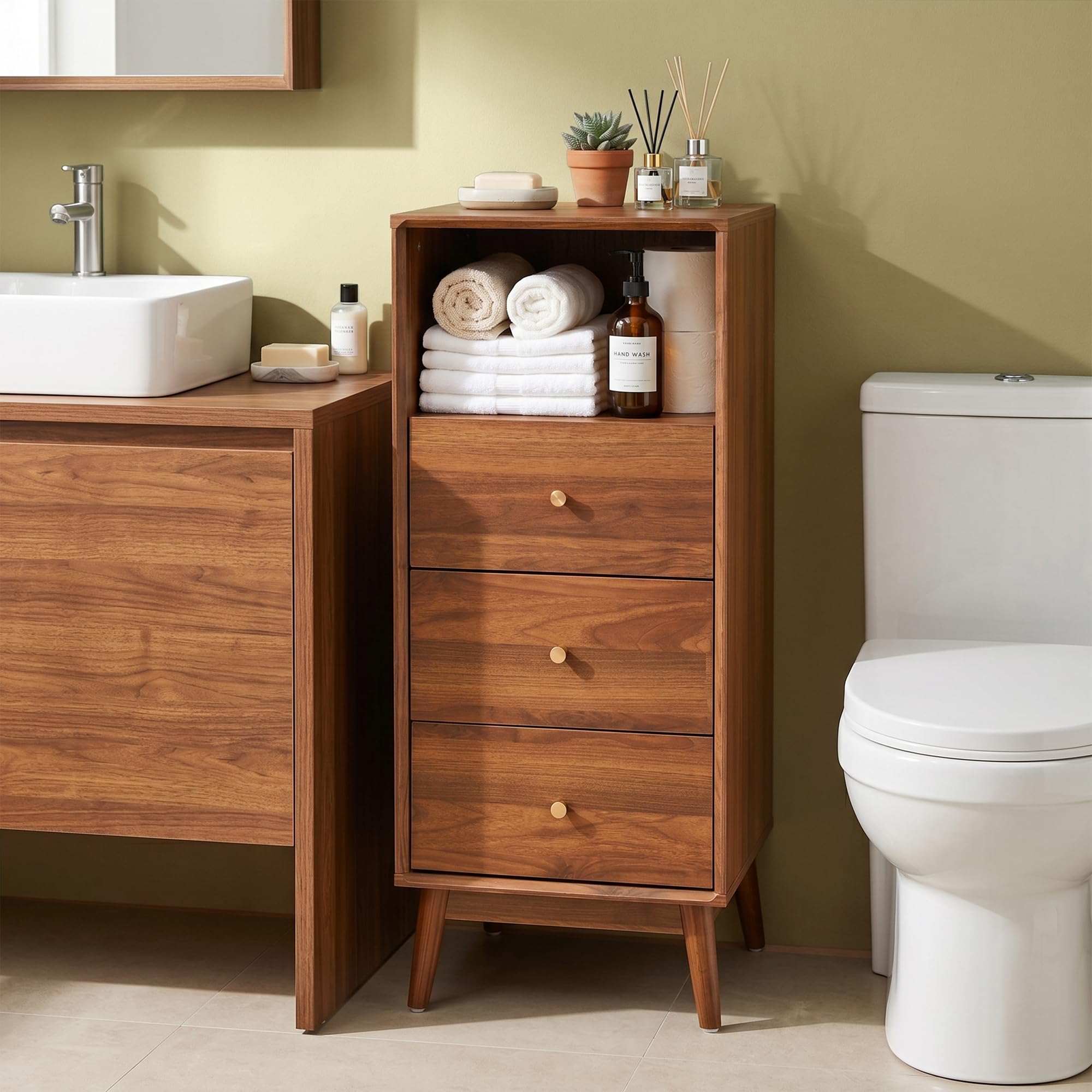 Bifins Tall Bathroom Cabinet in Walnut with 3 Drawers and Open Shelf