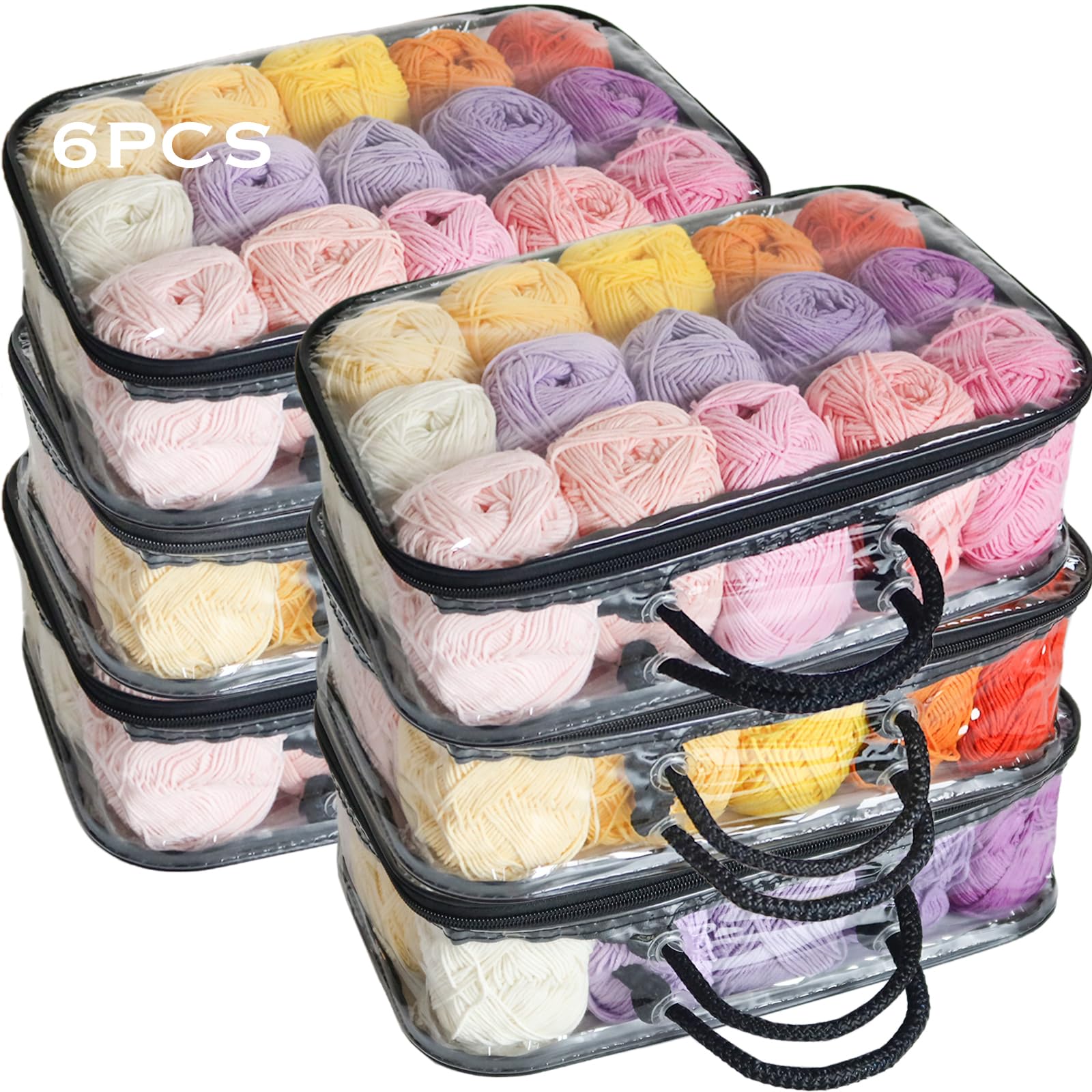 Goesort 6 Pack Clear Yarn Storage Bag, Sturdy Knitting Bags and Knitting Organizers with Smooth Double Pull Zip, Portable Plastic Craft Bag with Handle for Storing Yarn Hats, Gloves or Toys, Medium