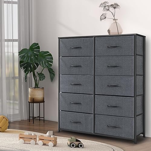 Miniatura 2 de Cómoda para dormitorio con 10 cajones, cómoda, unidad organizadora de cajones de almacenamiento, cómoda de tela ancha gris con contenedores de tela