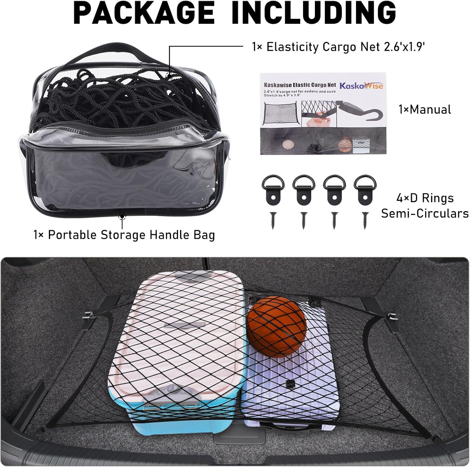 Kaskawise Elastic Cargo Net for SUV,Universal Truck Net Organizer with Storage Bag,32"x24" Stretch to 56"x42" Small Cargo NetBungee Mesh Cargo Hold for Car,Truck,Pickup,RV,Road Trip Essentials - Image 6